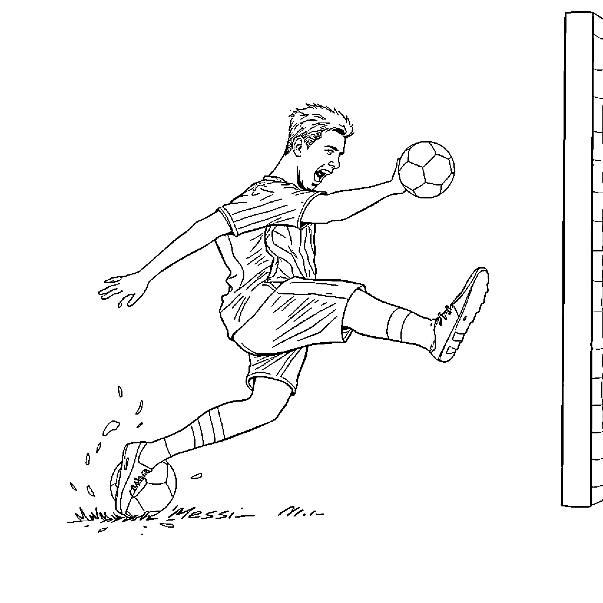 Messi scoring a goal with outstretched kick Coloring Page (free black-and-white line drawing printable PDF for all, from beginners to advanced learners, including children, teens, adults, and seniors)