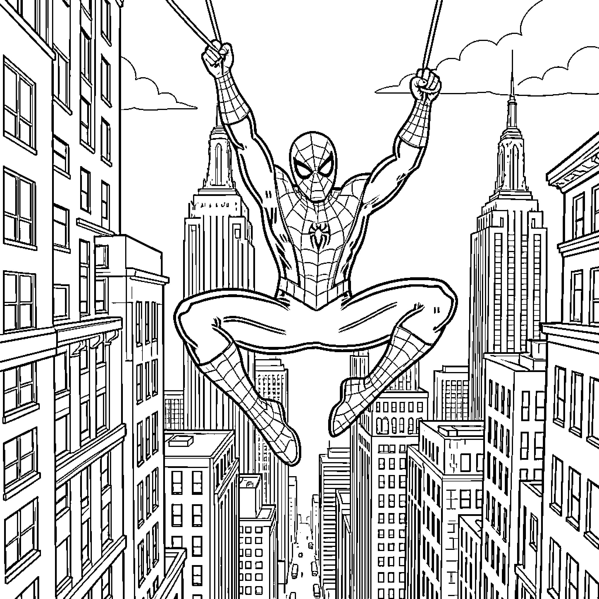 Spiderman swinging through a city of tall skyscrapers Coloring Page (free black-and-white line drawing printable PDF for all, from beginners to advanced learners, including children, teens, adults, and seniors)