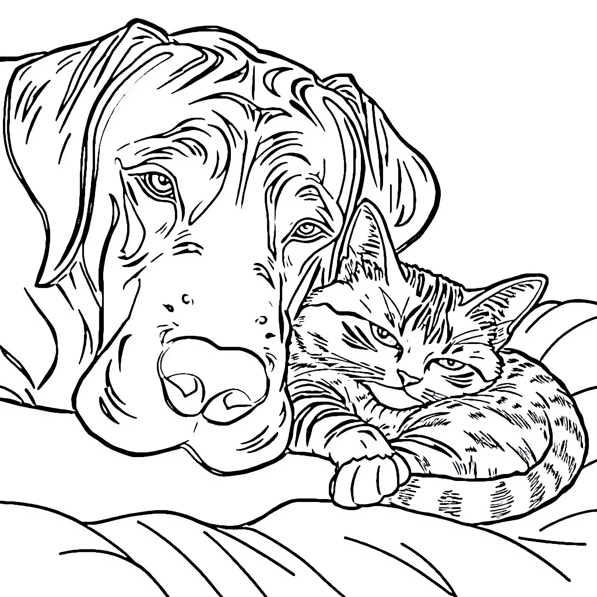 Great Dane and Tabby Cat Bonding Coloring Page (free black-and-white line drawing printable PDF for all, from beginners to advanced learners, including children, teens, adults, and seniors)