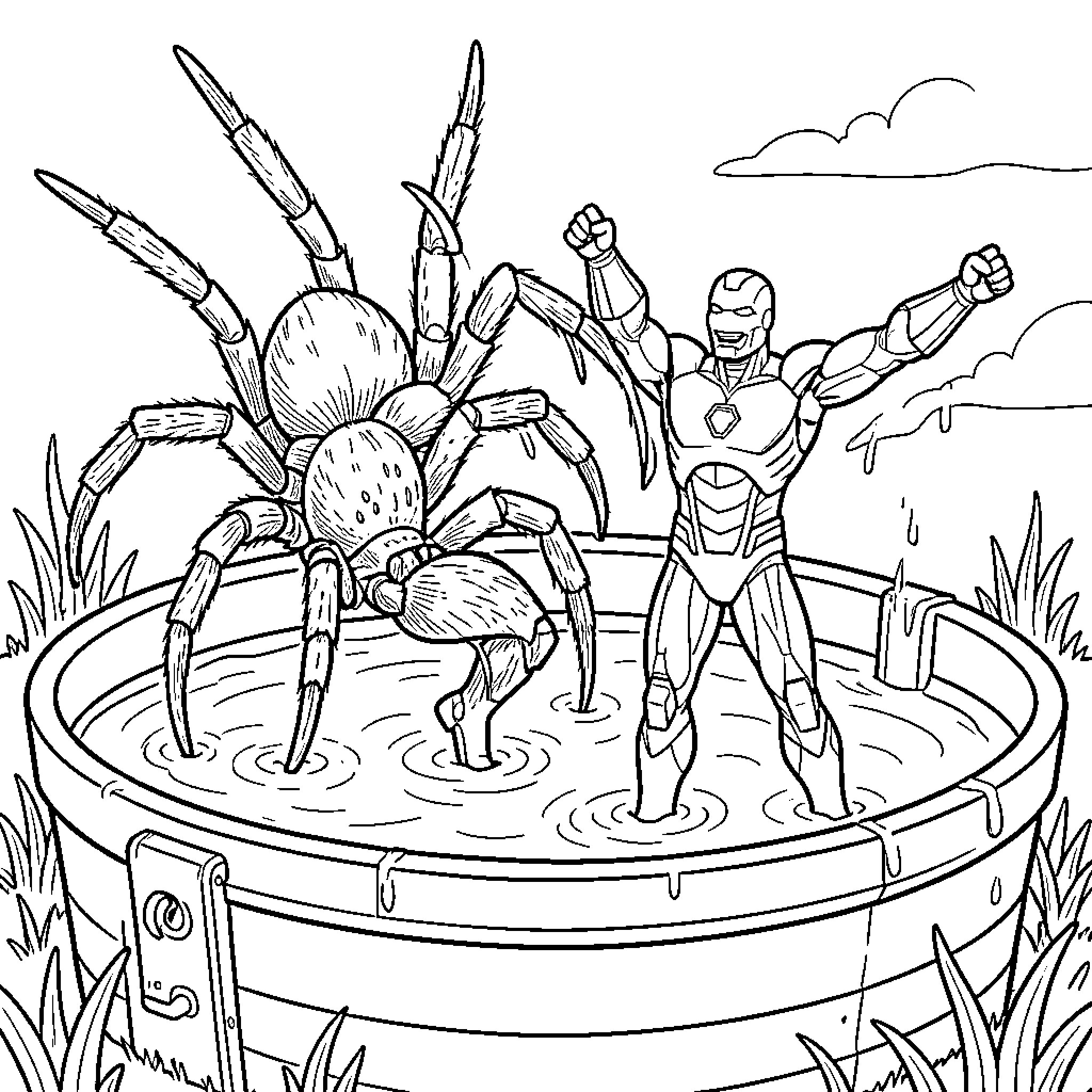 Ironman battles a giant spider in an artificial pond Coloring Page (free black-and-white line drawing printable PDF for all, from beginners to advanced learners, including children, teens, adults, and seniors)