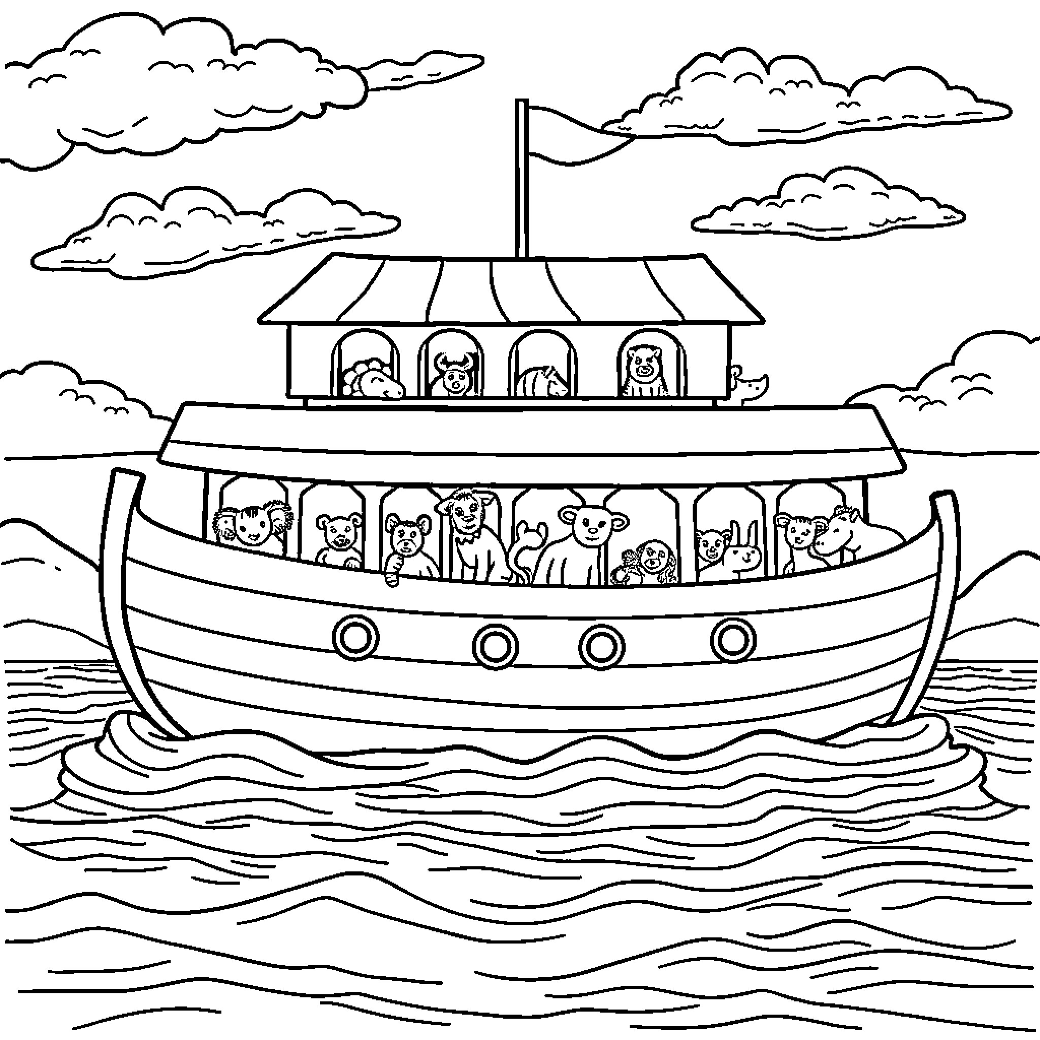 Noah's Ark with Various Animals on Board Coloring Page (free black-and-white line drawing printable PDF for all, from beginners to advanced learners, including children, teens, adults, and seniors)