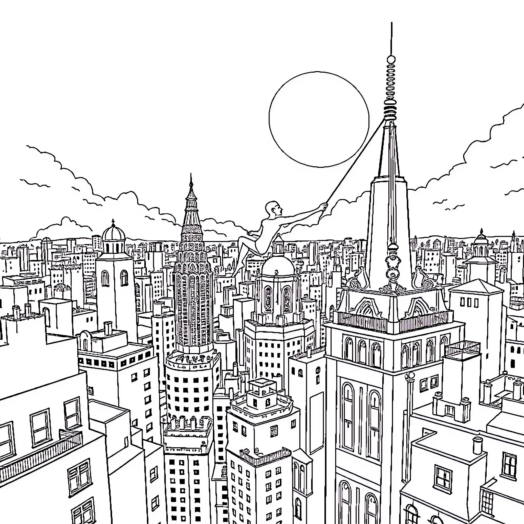 Spider-Man swinging through the cityscape Coloring Page (free black-and-white line drawing printable PDF for all, from beginners to advanced learners, including children, teens, adults, and seniors)
