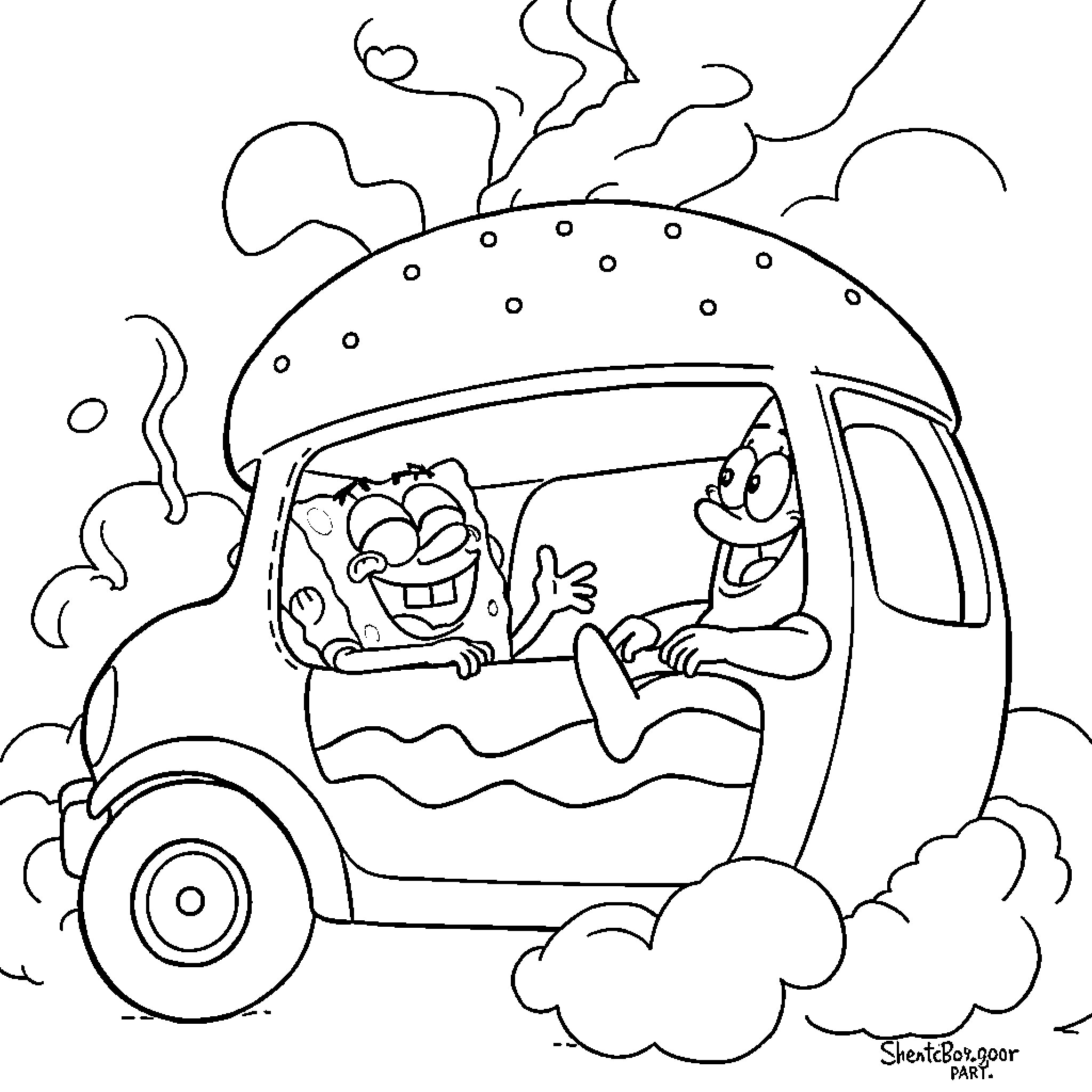 Spongebob driving a funky car with friends Coloring Page (free black-and-white line drawing printable PDF for all, from beginners to advanced learners, including children, teens, adults, and seniors)