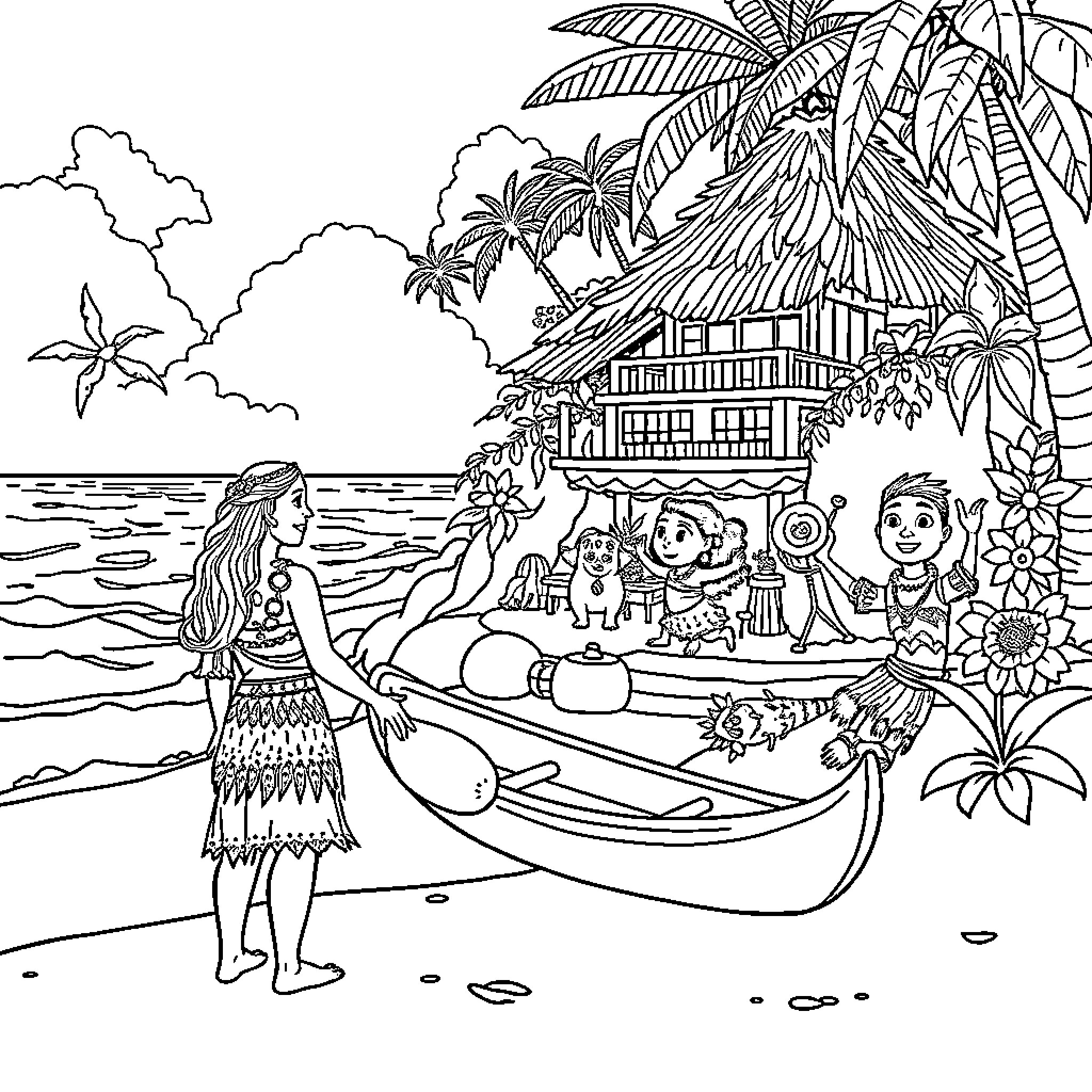 Moana enjoying the tropical beach with friends Coloring Page (free black-and-white line drawing printable PDF for all, from beginners to advanced learners, including children, teens, adults, and seniors)