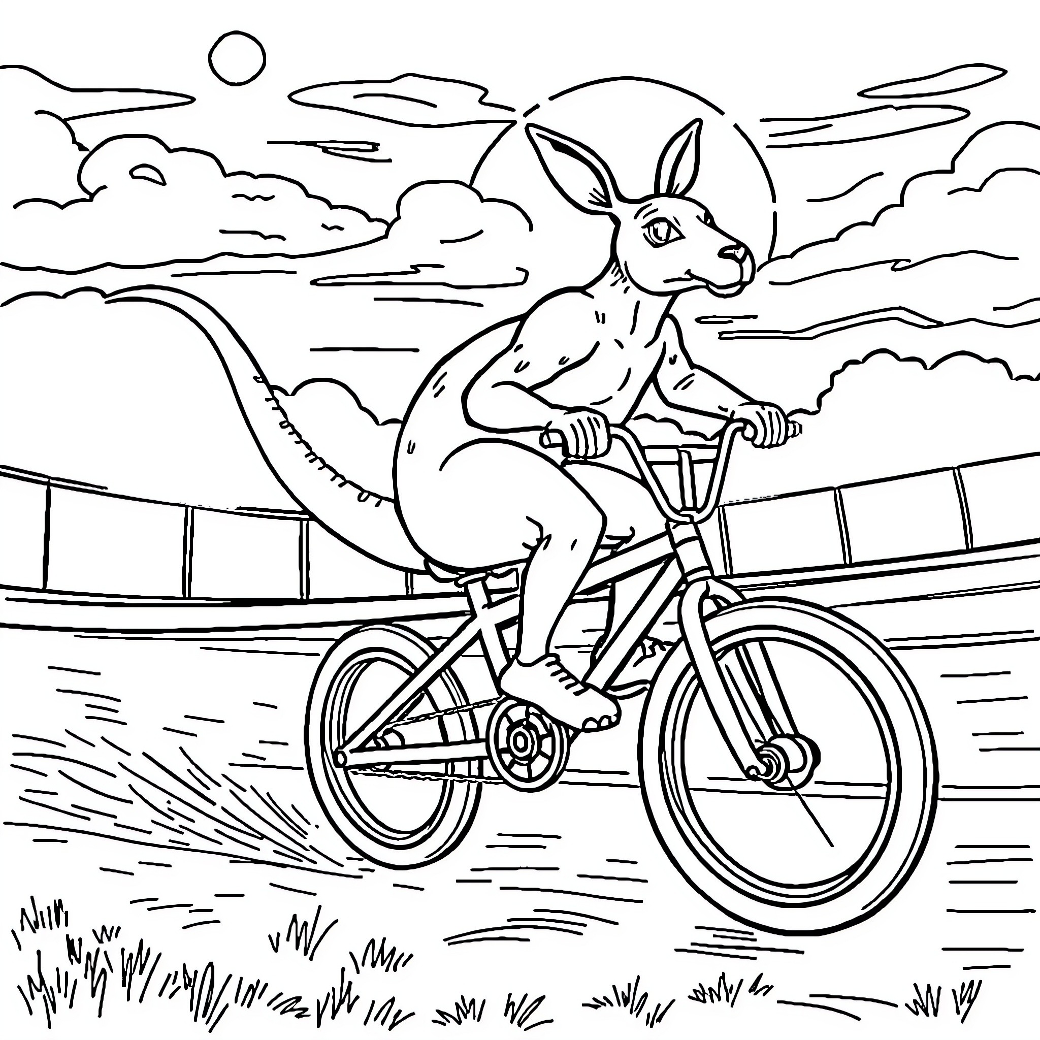 Kangaroo riding a bicycle in a scenic landscape Coloring Page (free black-and-white line drawing printable PDF for all, from beginners to advanced learners, including children, teens, adults, and seniors)