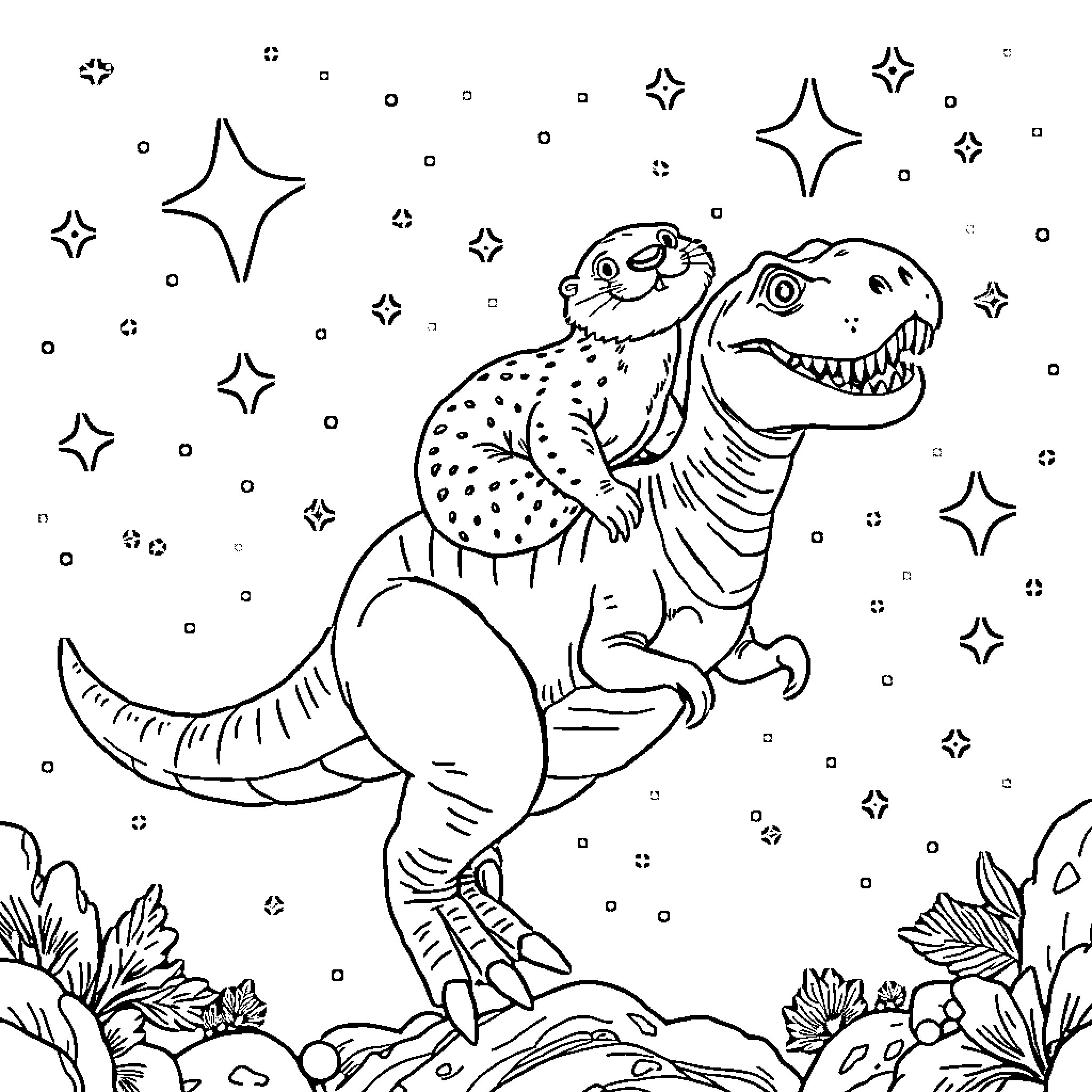 Otter dinosaur gazing at the starry night sky Coloring Page (free black-and-white line drawing printable PDF for all, from beginners to advanced learners, including children, teens, adults, and seniors)