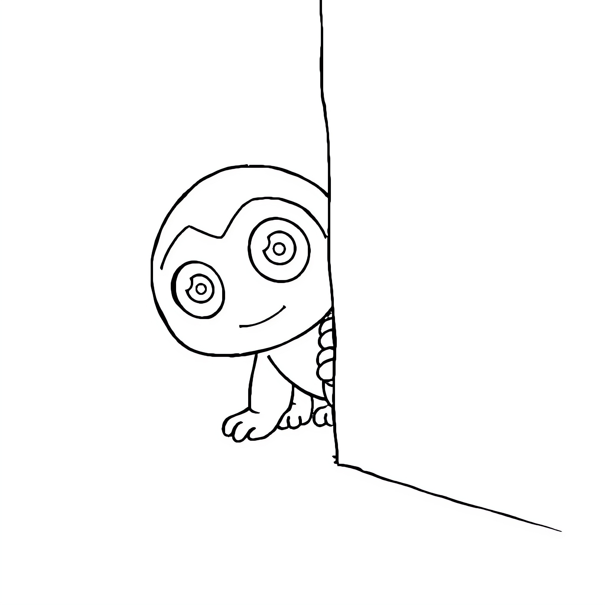 Smiski peeking curiously around the corner Coloring Page (free black-and-white line drawing printable PDF for all, from beginners to advanced learners, including children, teens, adults, and seniors)