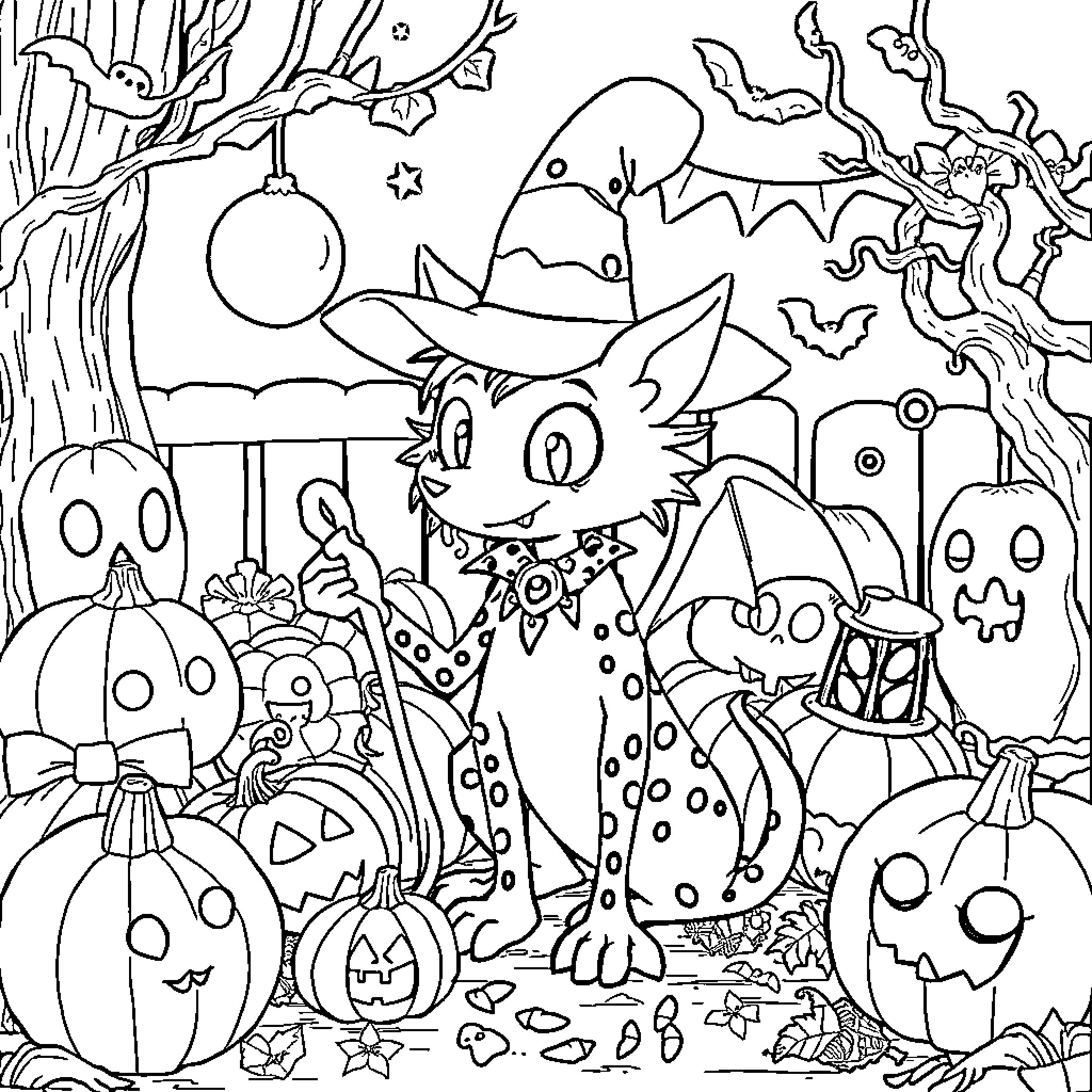 Huntrix's Spooky Halloween Adventure Coloring Page (free black-and-white line drawing printable PDF for all, from beginners to advanced learners, including children, teens, adults, and seniors)
