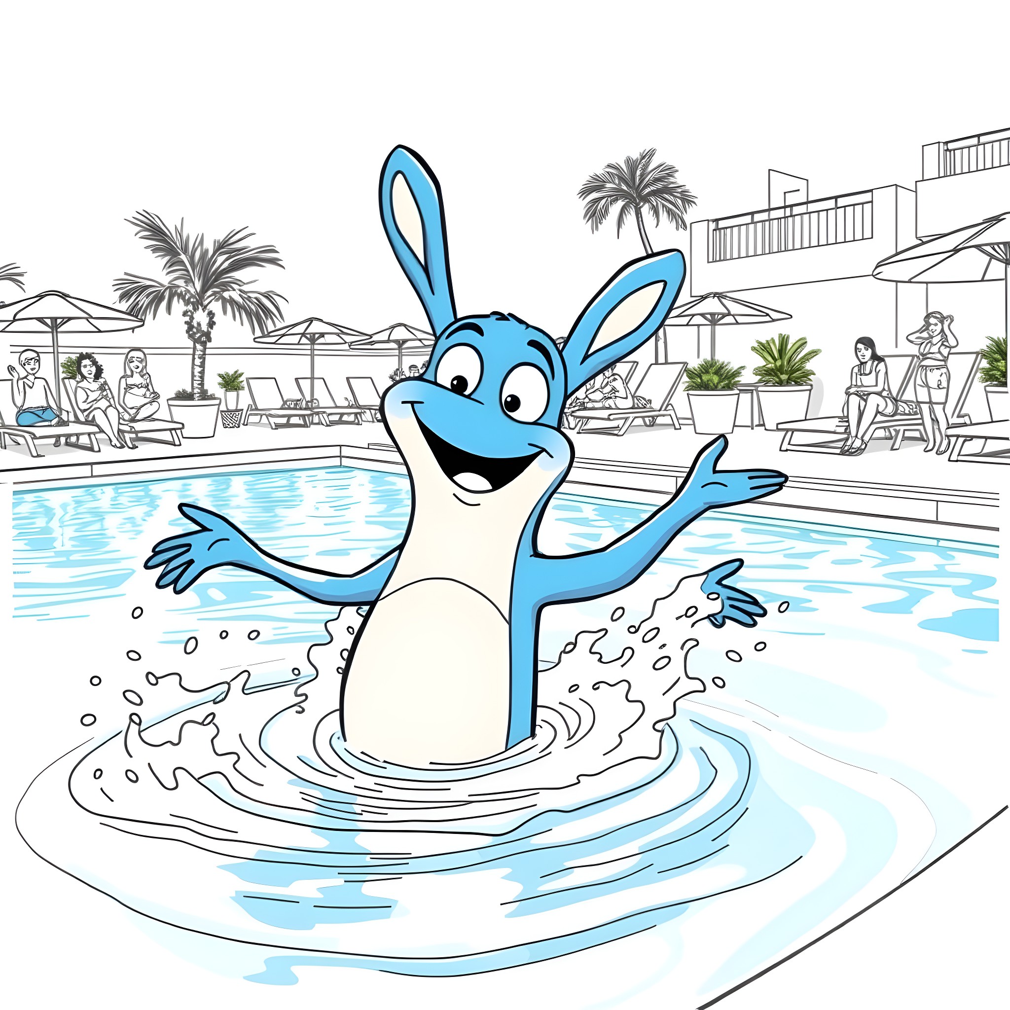 Bluey playing and splashing in the pool Coloring Page (free black-and-white line drawing printable PDF for all, from beginners to advanced learners, including children, teens, adults, and seniors)