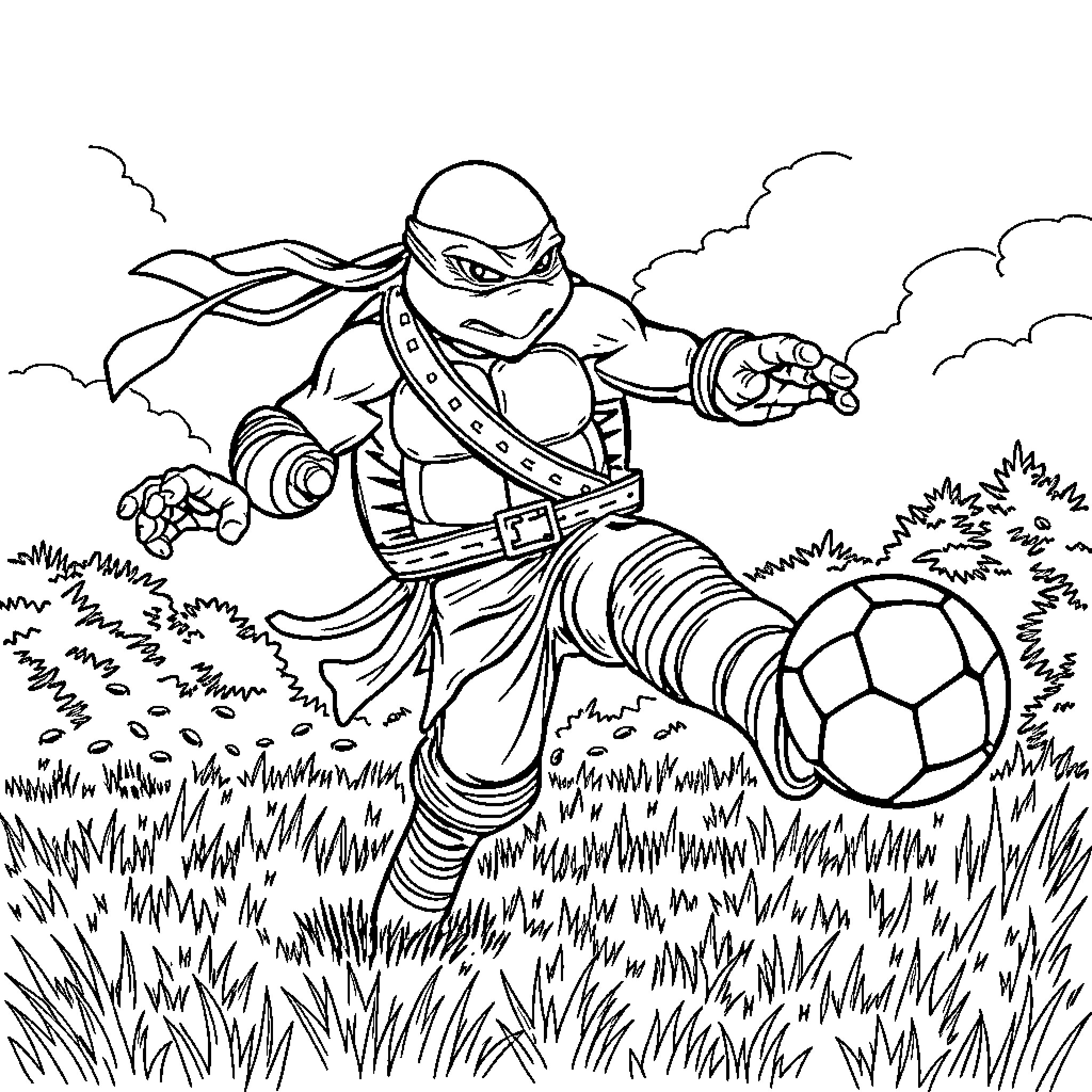 Ninja Turtle kicking soccer ball in outdoor field Coloring Page (free black-and-white line drawing printable PDF for all, from beginners to advanced learners, including children, teens, adults, and seniors)