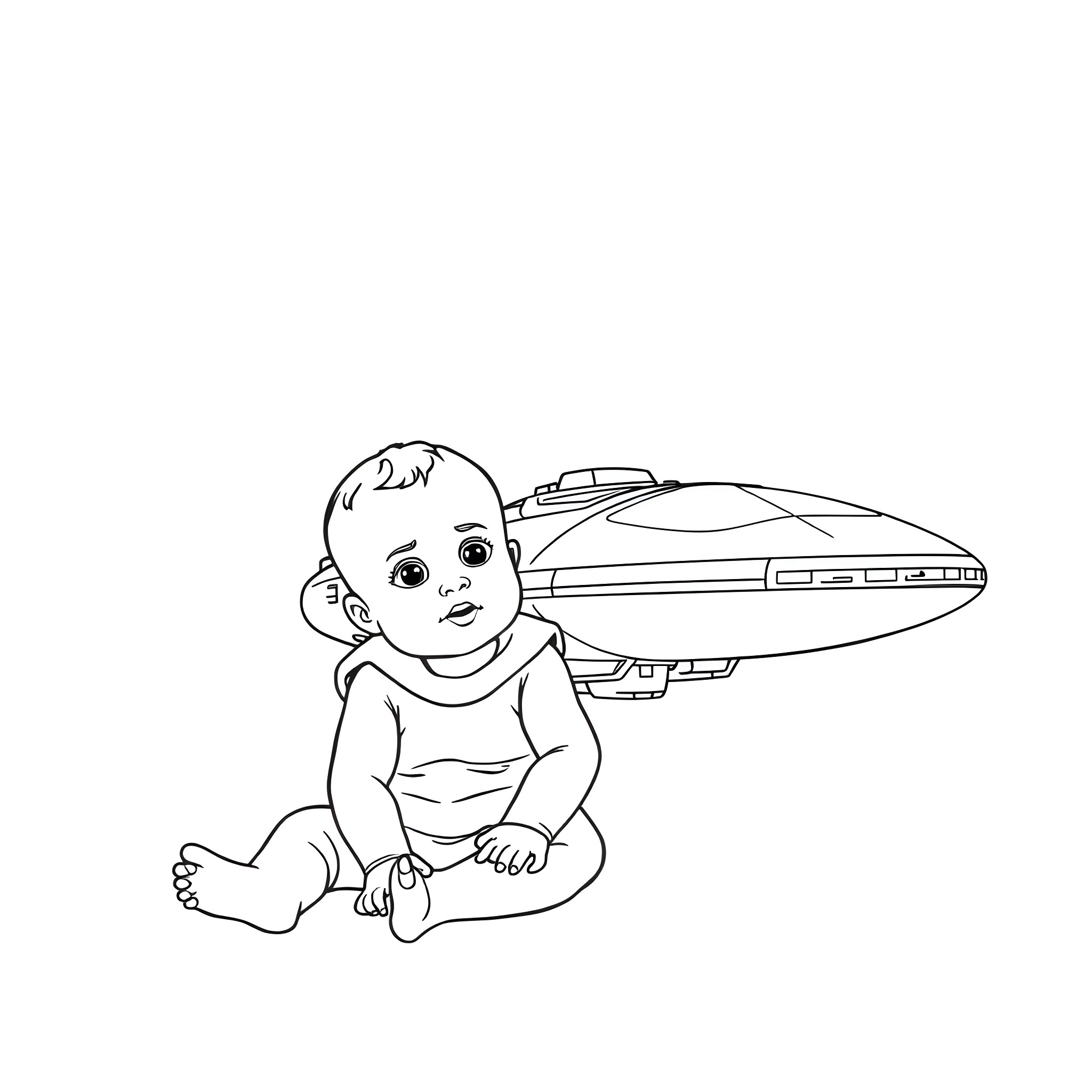 Baby playing with toy spaceship Coloring Page (free black-and-white line drawing printable PDF for all, from beginners to advanced learners, including children, teens, adults, and seniors)