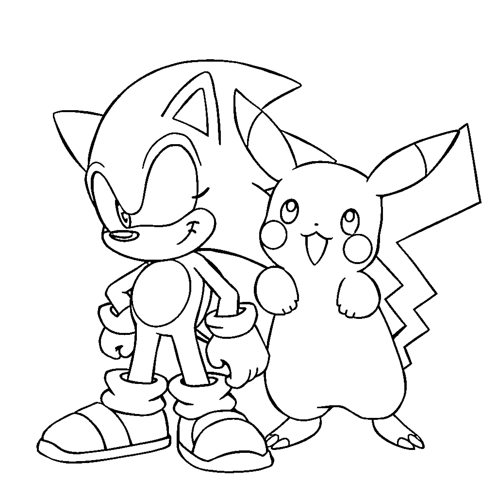 Sonic and Pikachu having a playful adventure Coloring Page (free black-and-white line drawing printable PDF for all, from beginners to advanced learners, including children, teens, adults, and seniors)