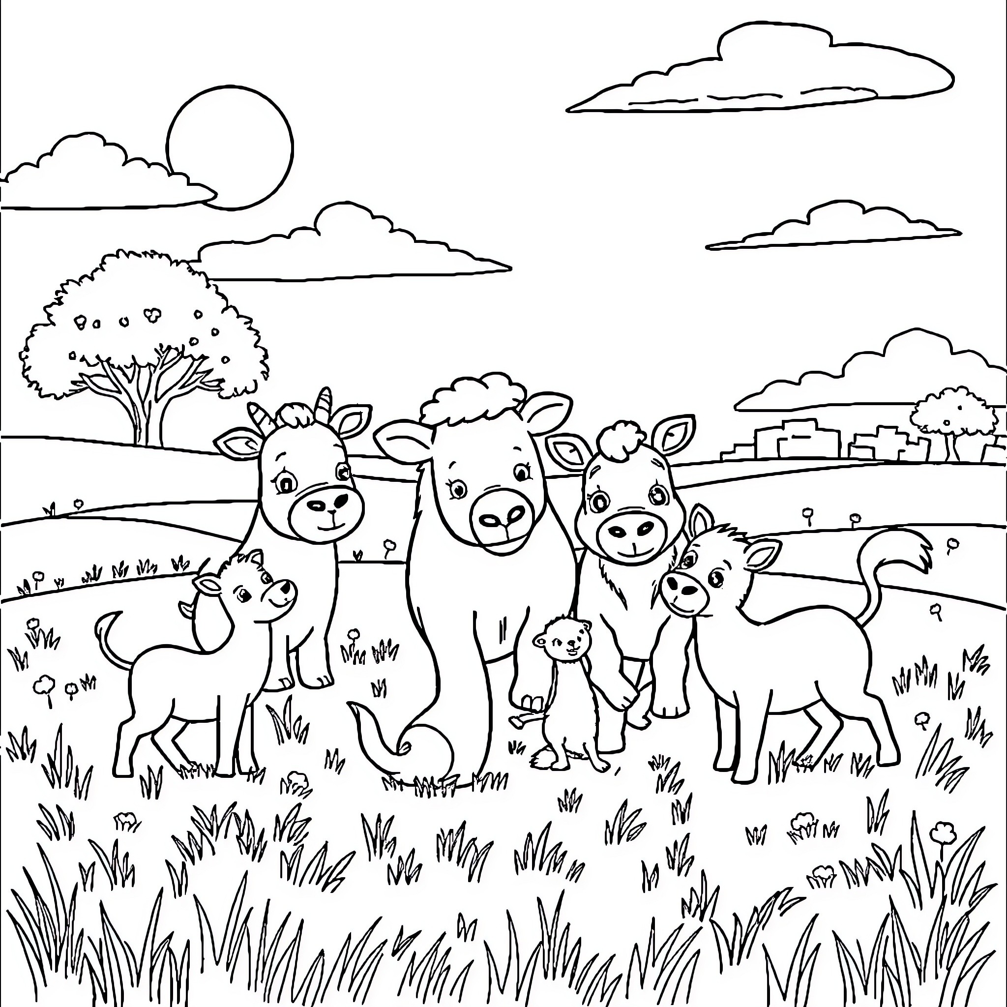 Animal family enjoying the countryside scene Coloring Page (free black-and-white line drawing printable PDF for all, from beginners to advanced learners, including children, teens, adults, and seniors)