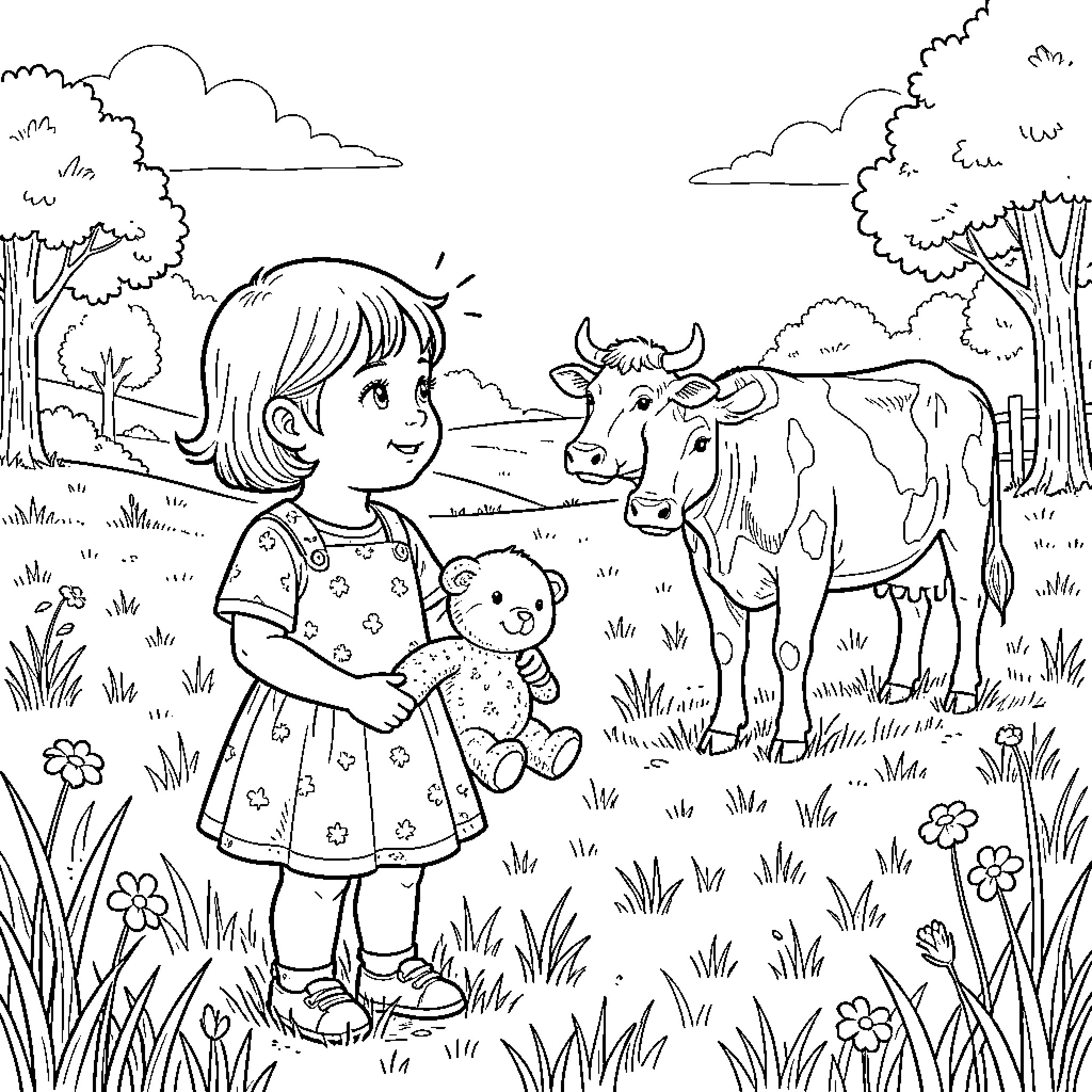 Fille holding a teddy bear near a cow Coloring Page (free black-and-white line drawing printable PDF for all, from beginners to advanced learners, including children, teens, adults, and seniors)