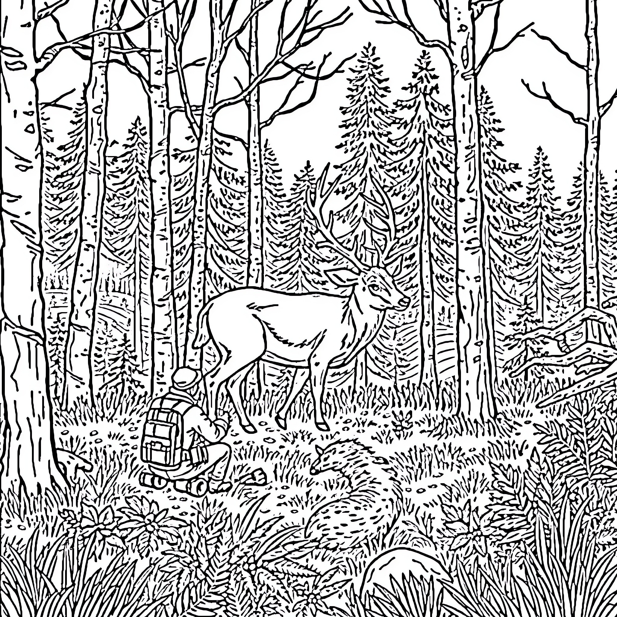 Deer roaming peacefully in the forested wilderness Coloring Page (free black-and-white line drawing printable PDF for all, from beginners to advanced learners, including children, teens, adults, and seniors)