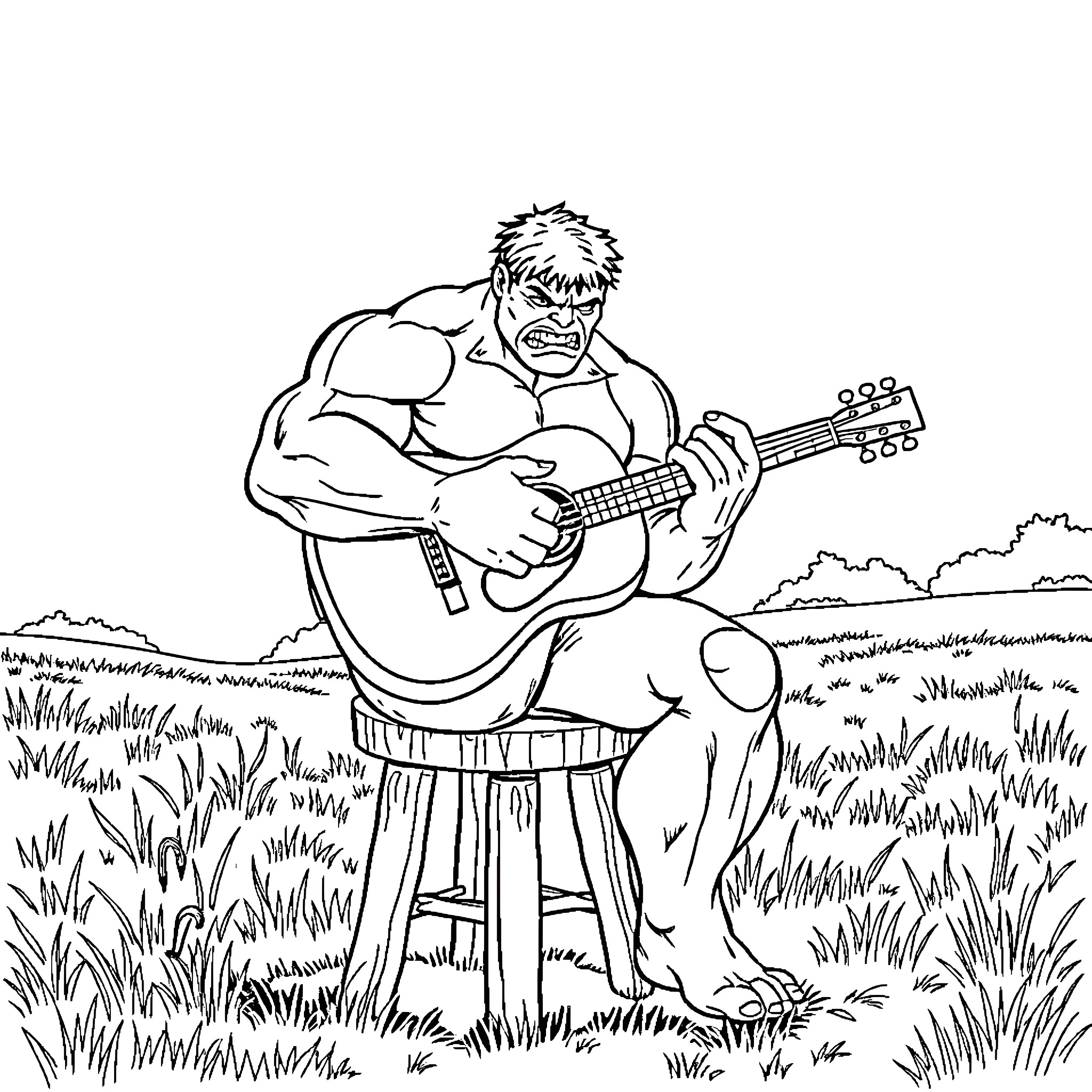 Hulk playing guitar in the countryside Coloring Page (free black-and-white line drawing printable PDF for all, from beginners to advanced learners, including children, teens, adults, and seniors)