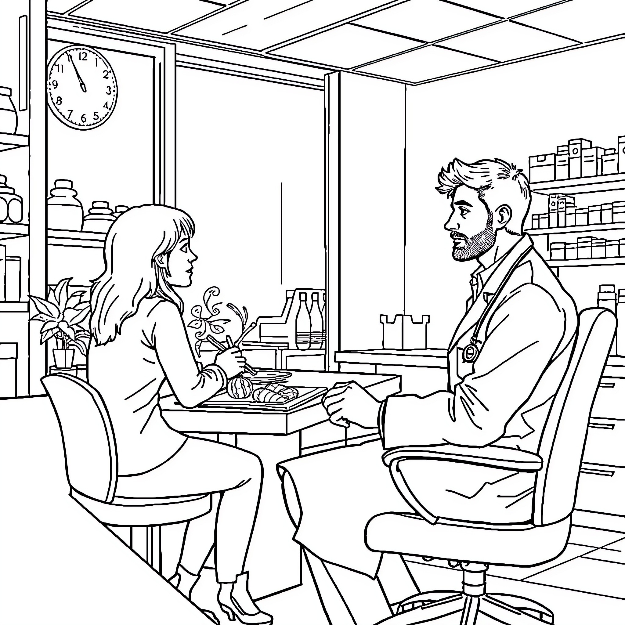 Eren Jaeger and Mikasa Ackerman in a cafe setting Coloring Page (free black-and-white line drawing printable PDF for all, from beginners to advanced learners, including children, teens, adults, and seniors)