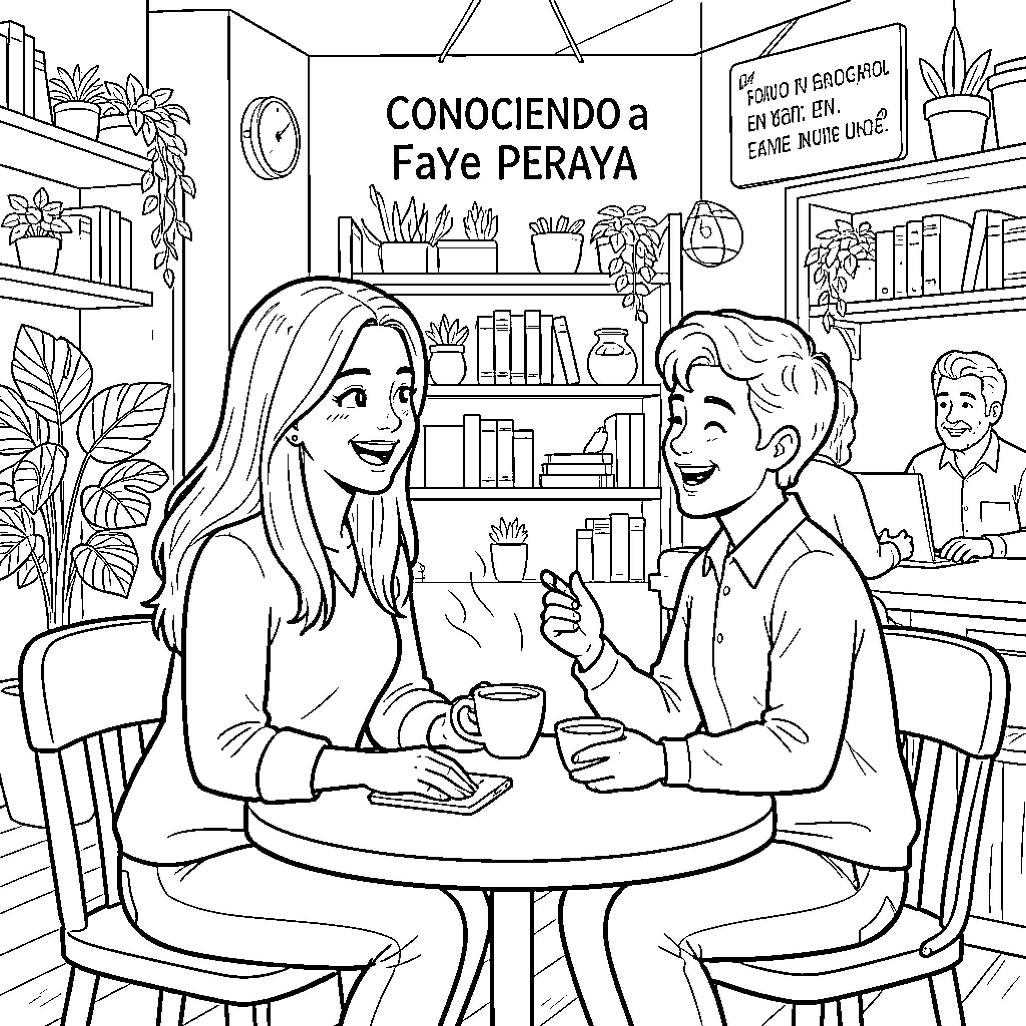 Faye sharing a cup of coffee with a friend Coloring Page (free black-and-white line drawing printable PDF for all, from beginners to advanced learners, including children, teens, adults, and seniors)