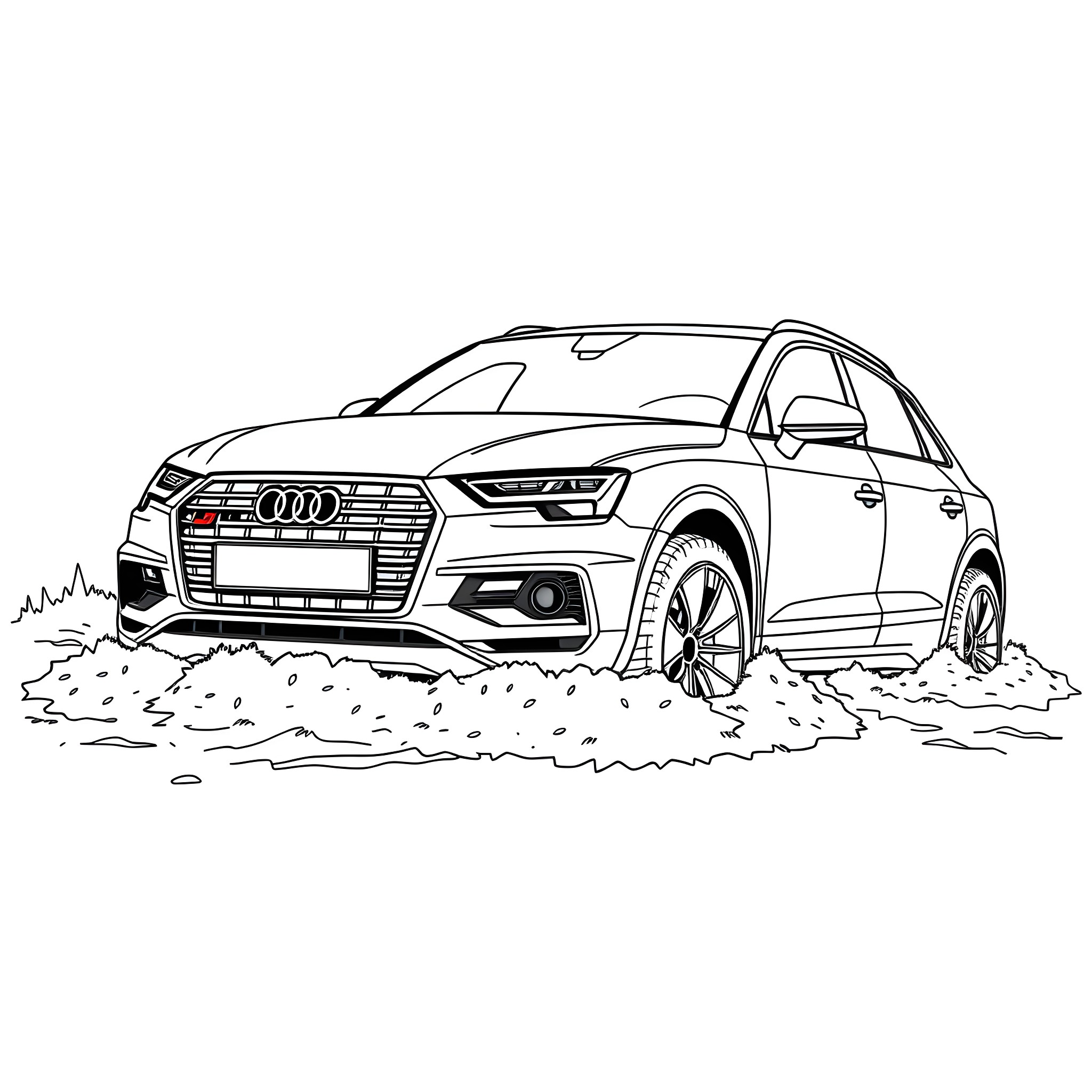 Audi vehicle navigating through off-road terrain Coloring Page (free black-and-white line drawing printable PDF for all, from beginners to advanced learners, including children, teens, adults, and seniors)