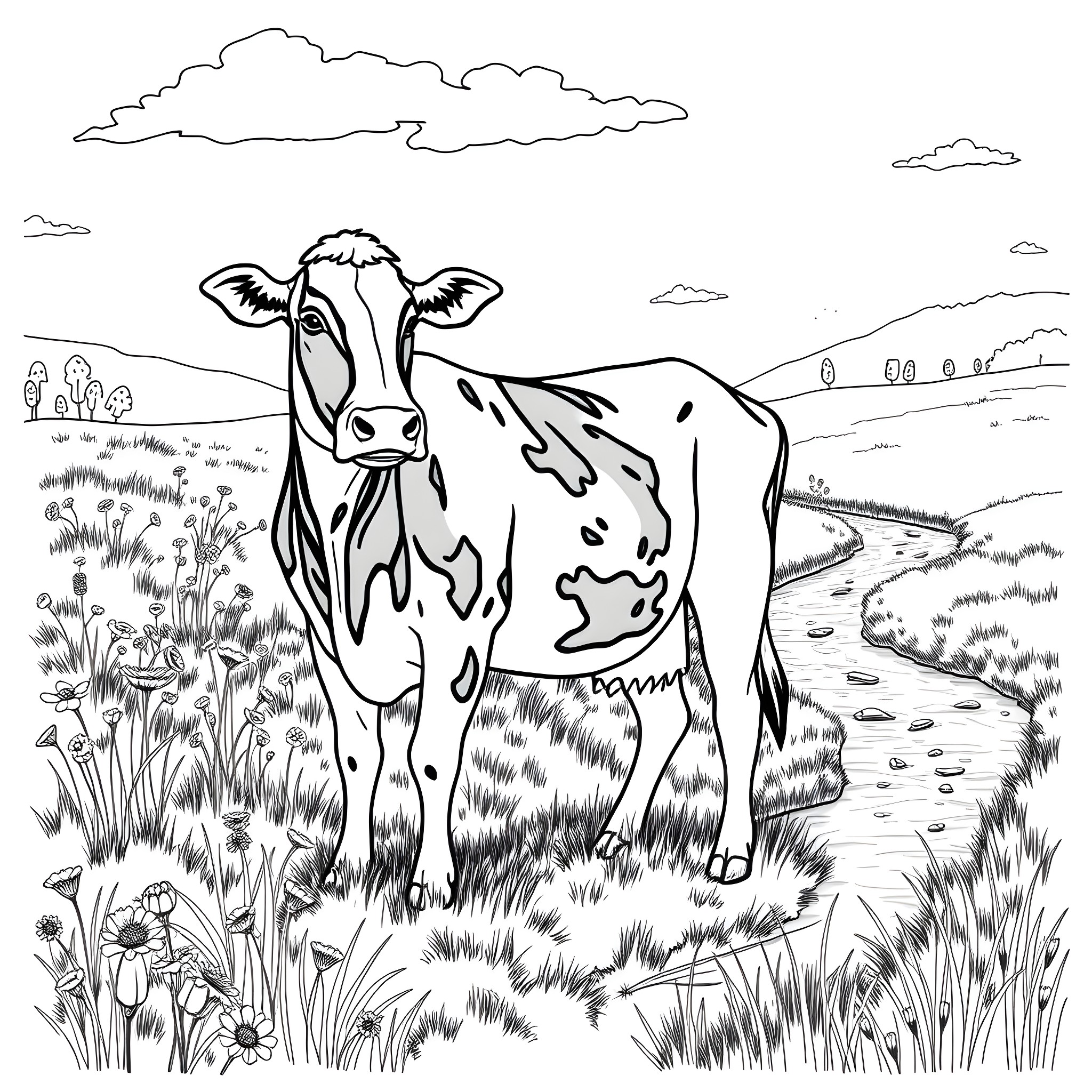 Holstein Cow standing in grassy field Coloring Page (free black-and-white line drawing printable PDF for all, from beginners to advanced learners, including children, teens, adults, and seniors)