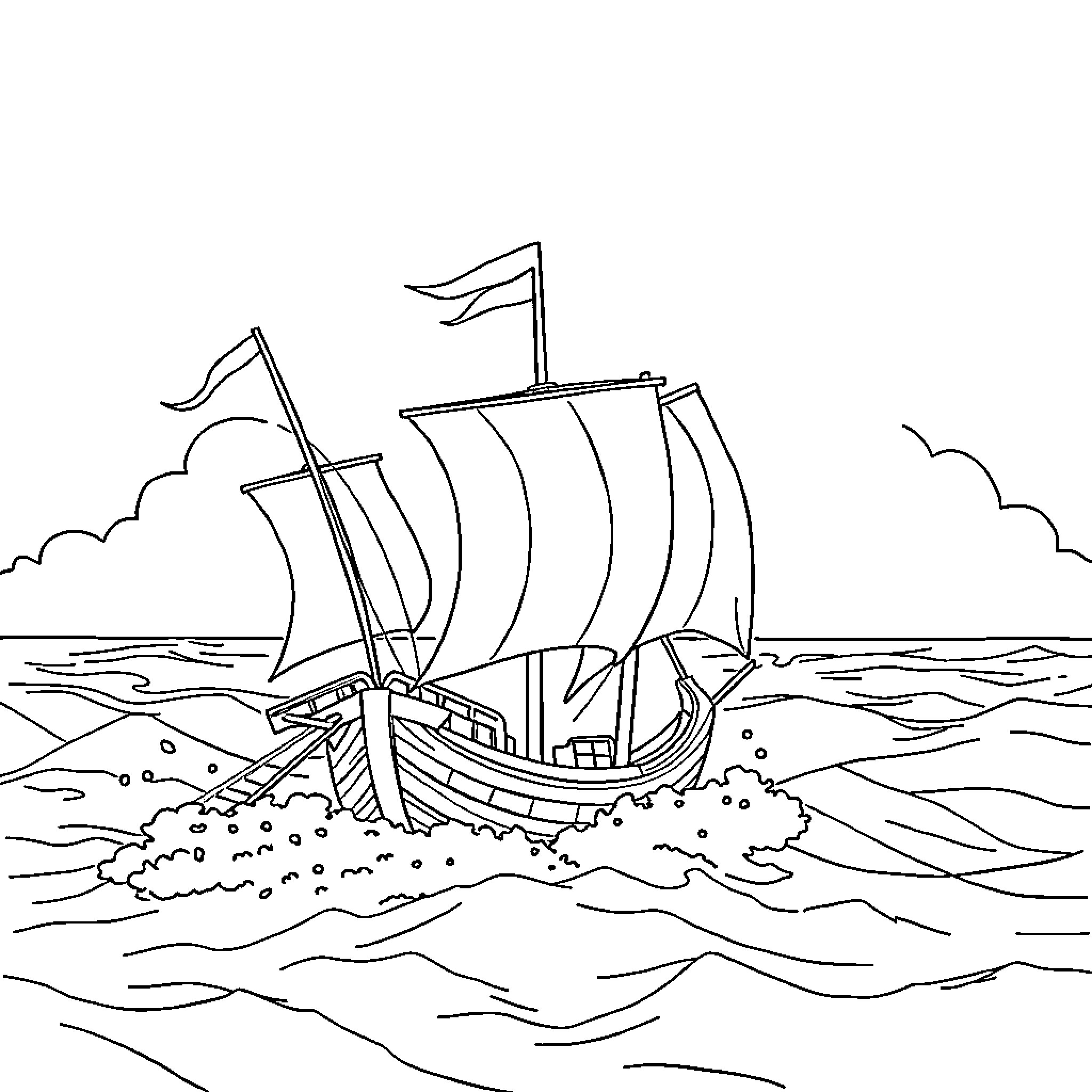 Caravels sailing in stormy seas Coloring Page (free black-and-white line drawing printable PDF for all, from beginners to advanced learners, including children, teens, adults, and seniors)