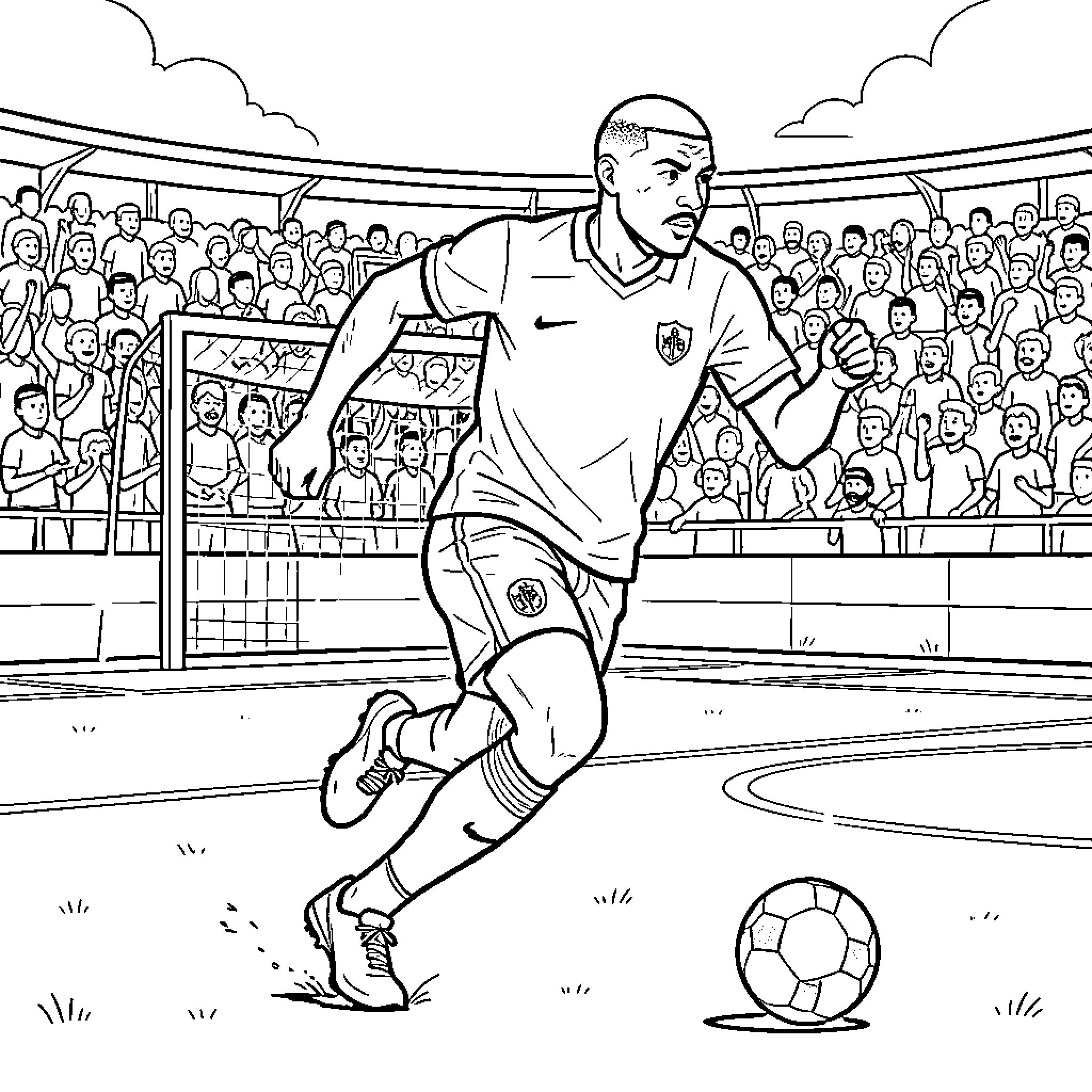 Mbappe dribbling a soccer ball during a match Coloring Page (free black-and-white line drawing printable PDF for all, from beginners to advanced learners, including children, teens, adults, and seniors)