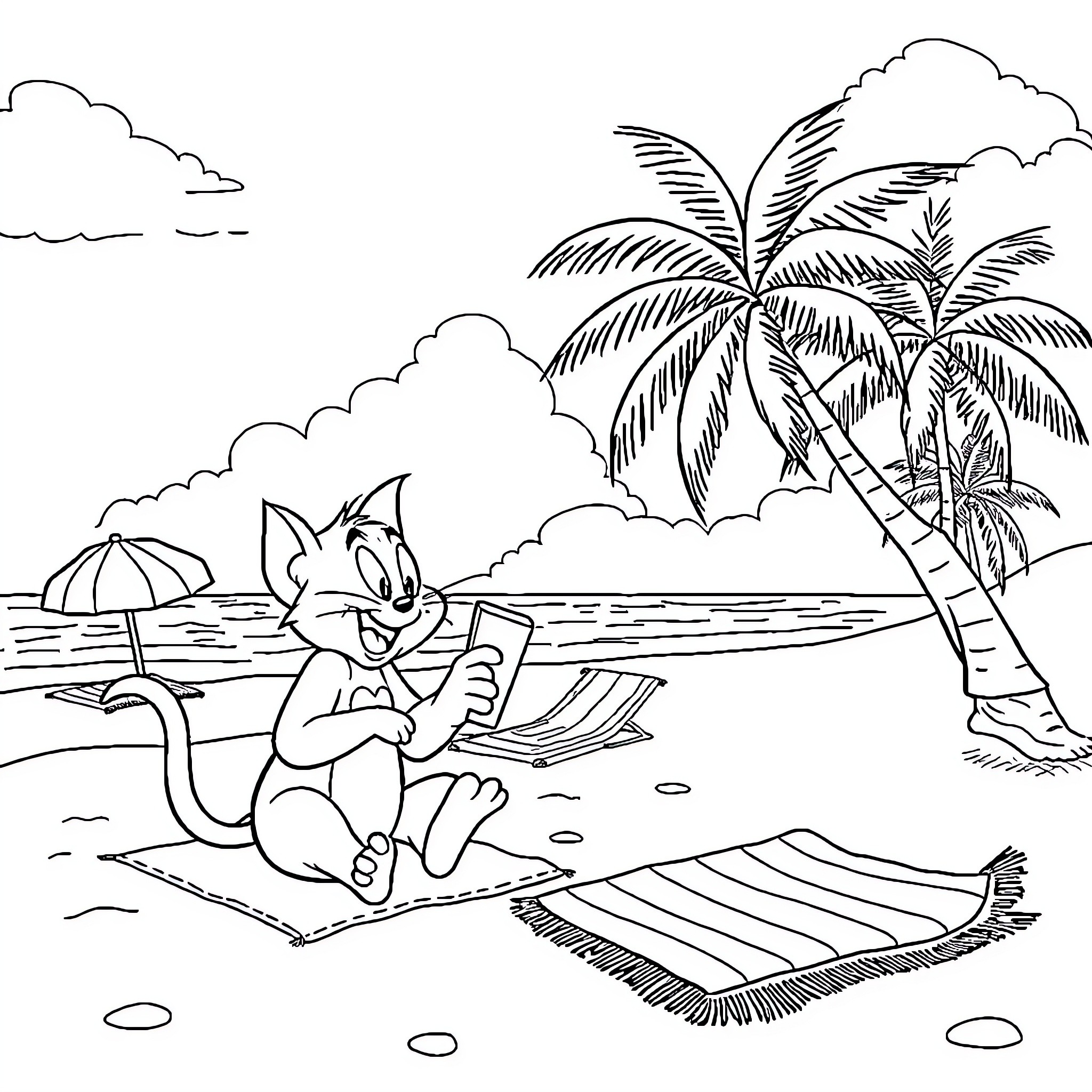Tom and Jerry relaxing on the beach Coloring Page (free black-and-white line drawing printable PDF for all, from beginners to advanced learners, including children, teens, adults, and seniors)