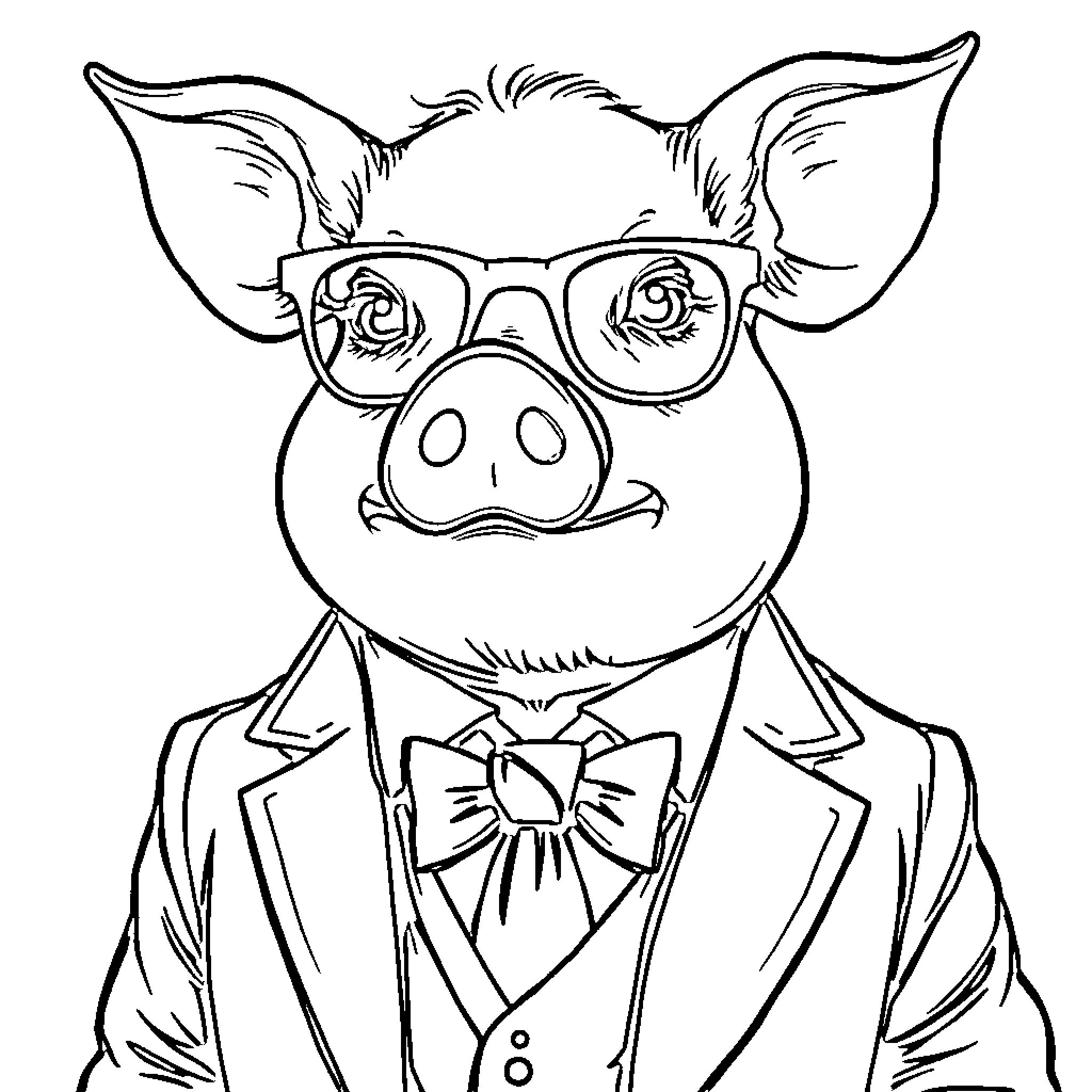 Pig wearing eyeglasses and a suit Coloring Page (free black-and-white line drawing printable PDF for all, from beginners to advanced learners, including children, teens, adults, and seniors)