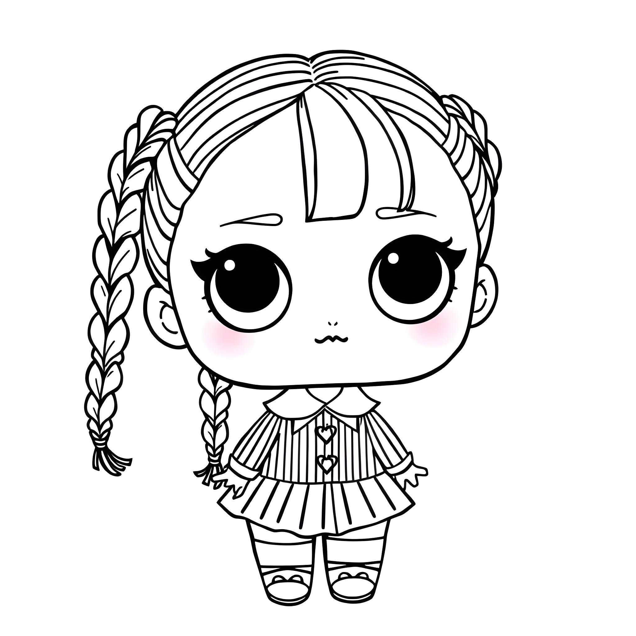 Wednesday's Doll with Braided Hair Coloring Page (free black-and-white line drawing printable PDF for all, from beginners to advanced learners, including children, teens, adults, and seniors)