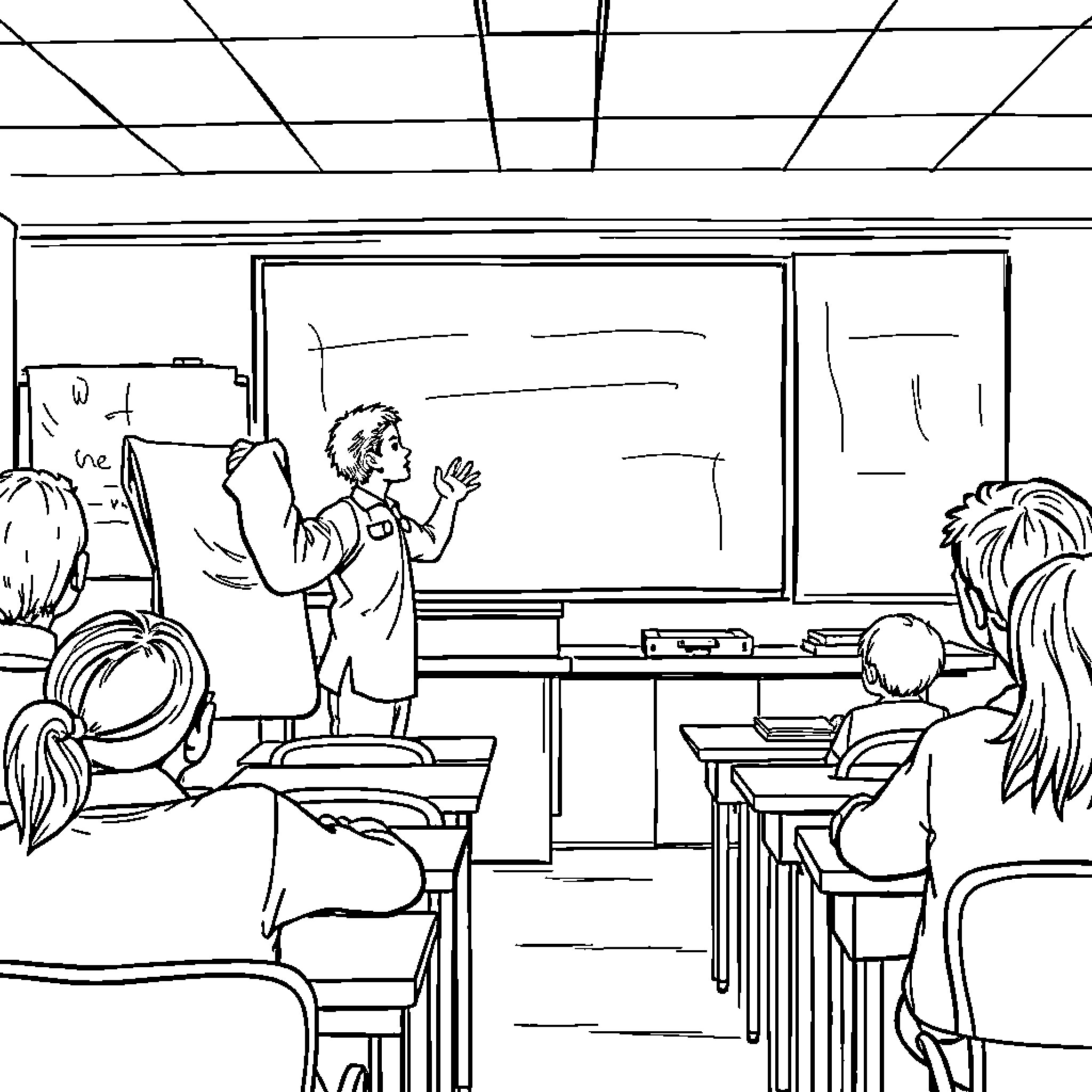 Teacher Explaining Lesson to Attentive Students in Classroom Coloring Page (free black-and-white line drawing printable PDF for all, from beginners to advanced learners, including children, teens, adults, and seniors)