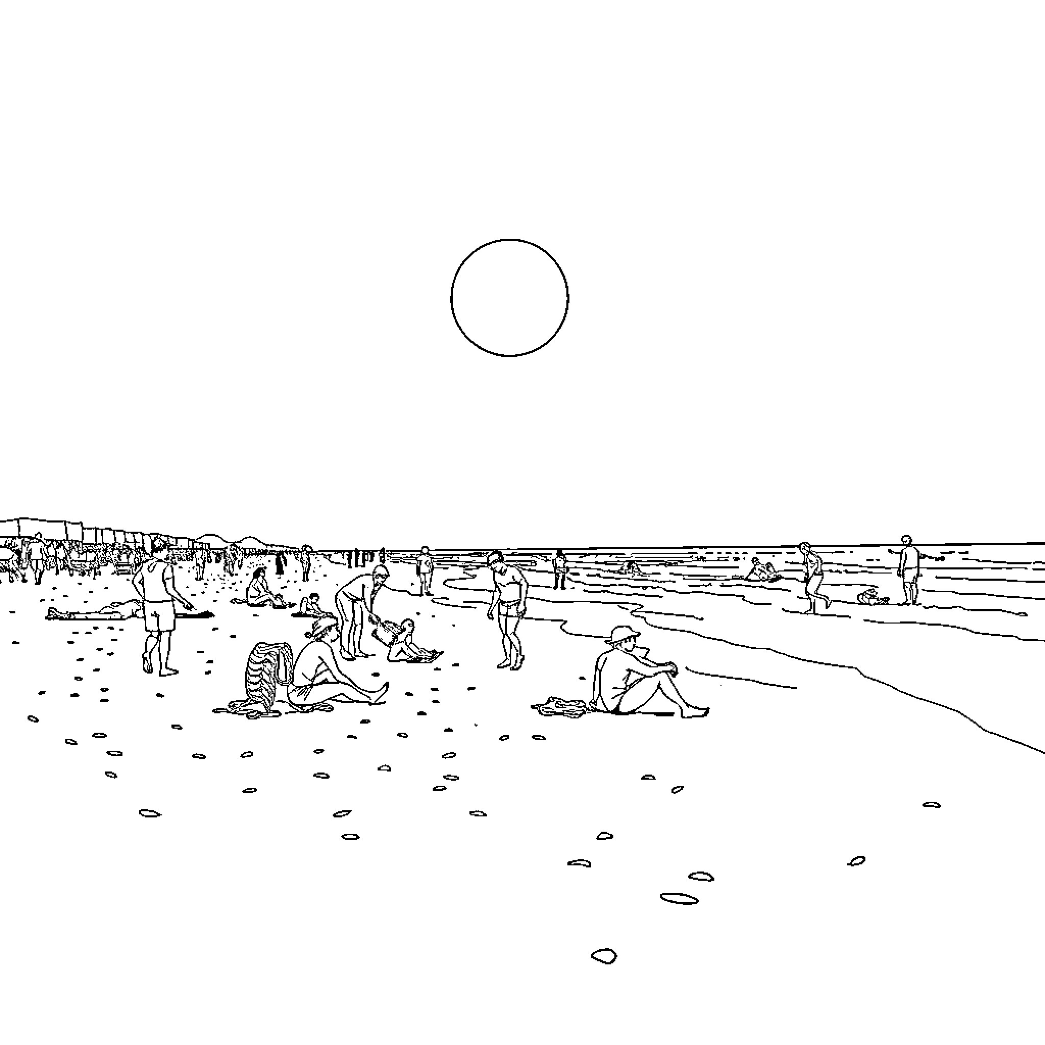 Beach scene with people enjoying the day Coloring Page (free black-and-white line drawing printable PDF for all, from beginners to advanced learners, including children, teens, adults, and seniors)