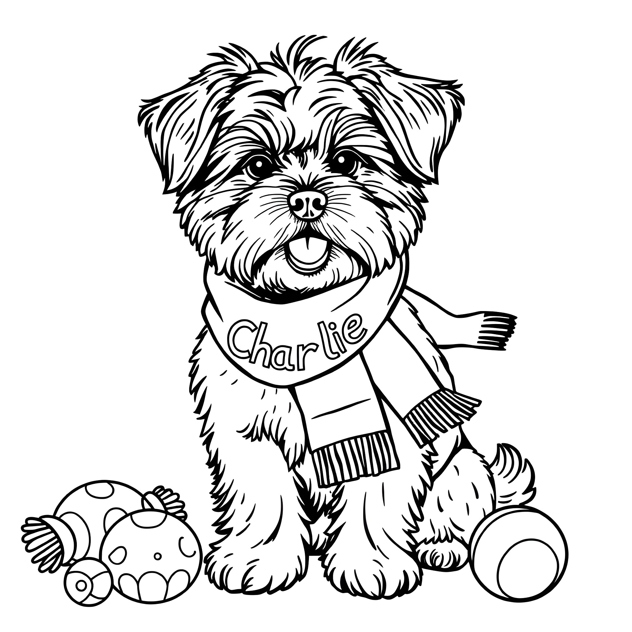 Havanese Dog in Scarf Smiling Playfully Coloring Page (free black-and-white line drawing printable PDF for all, from beginners to advanced learners, including children, teens, adults, and seniors)