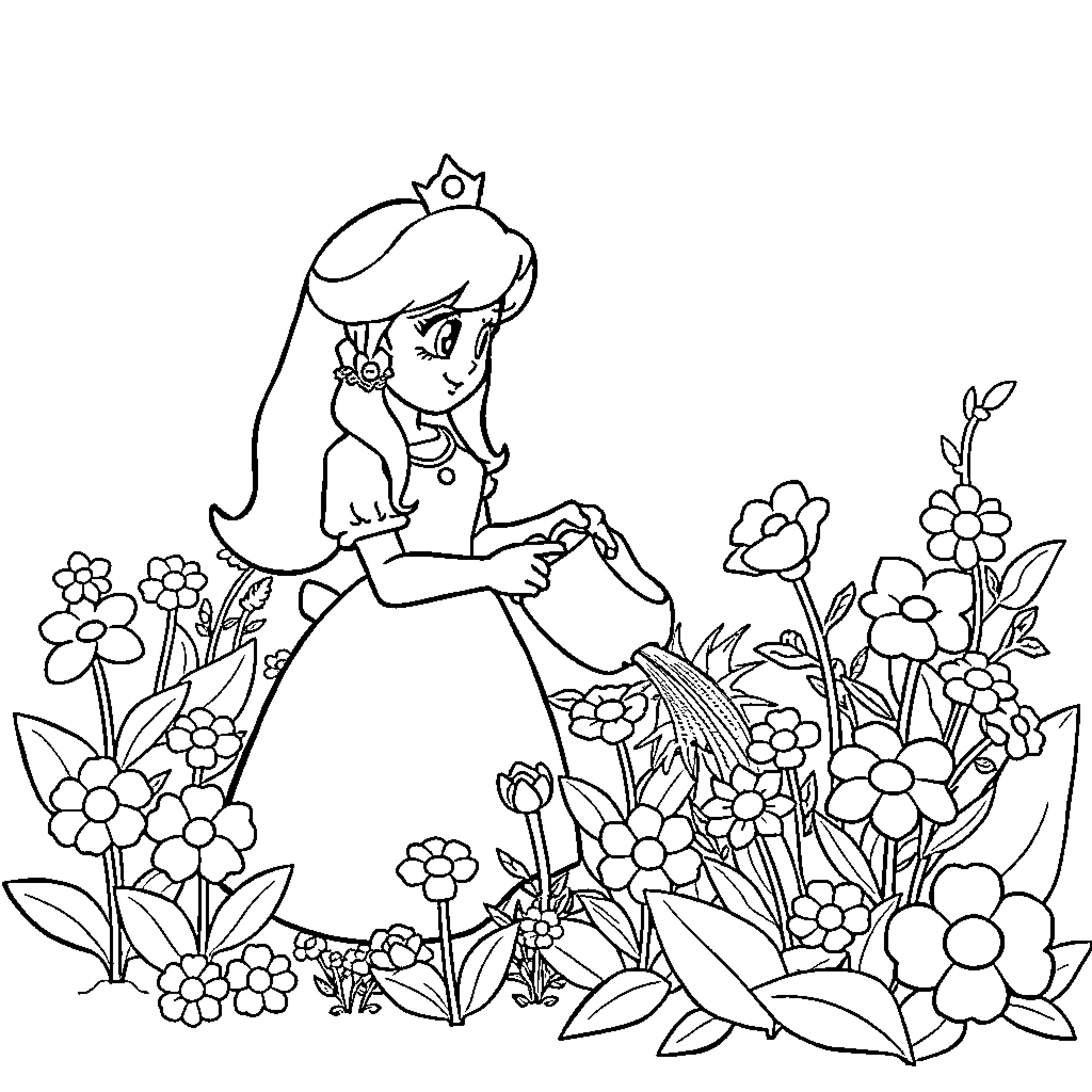 Princess Peach admiring the flowery garden Coloring Page (free black-and-white line drawing printable PDF for all, from beginners to advanced learners, including children, teens, adults, and seniors)