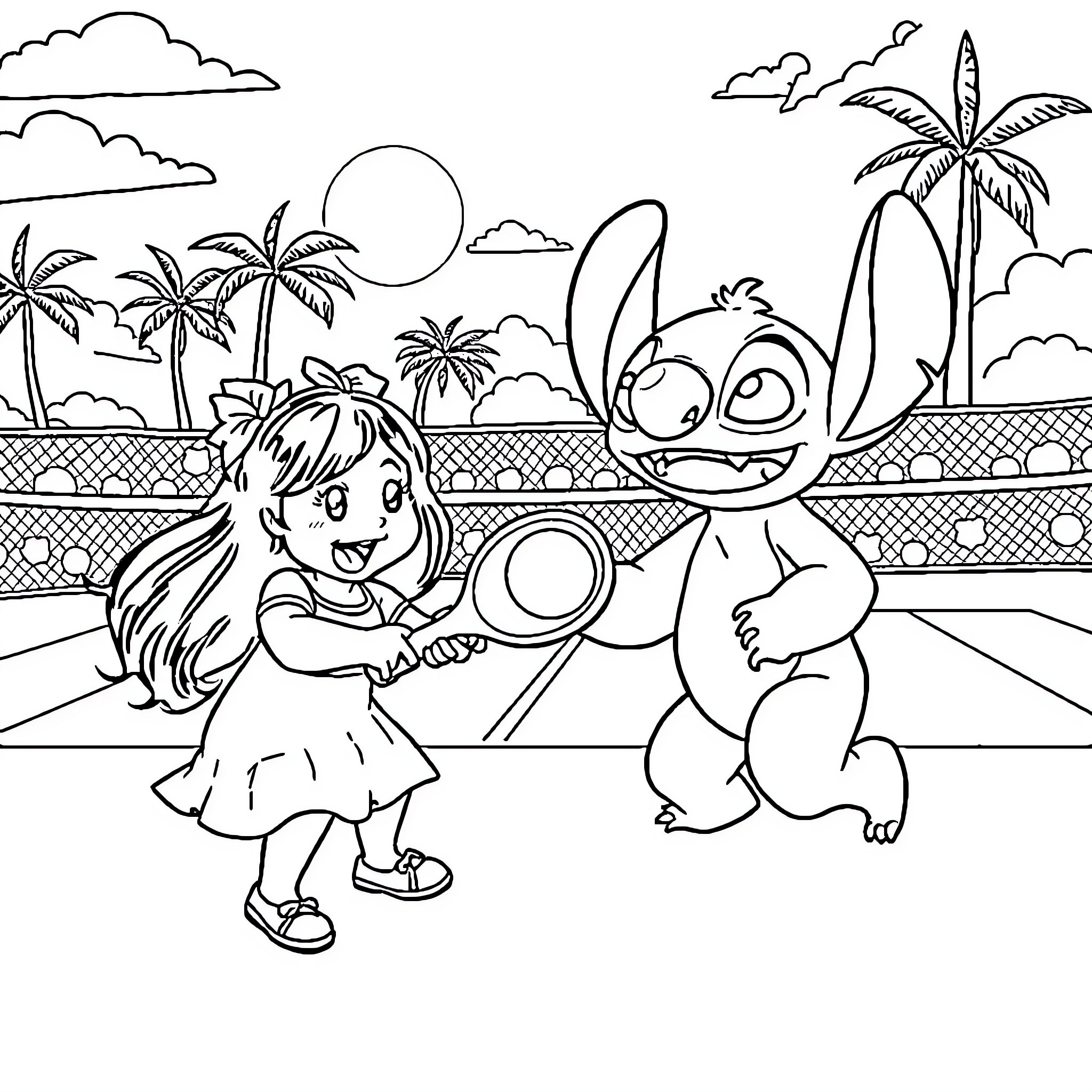 Lilo playing happily with Stitch on the beach Coloring Page (free black-and-white line drawing printable PDF for all, from beginners to advanced learners, including children, teens, adults, and seniors)