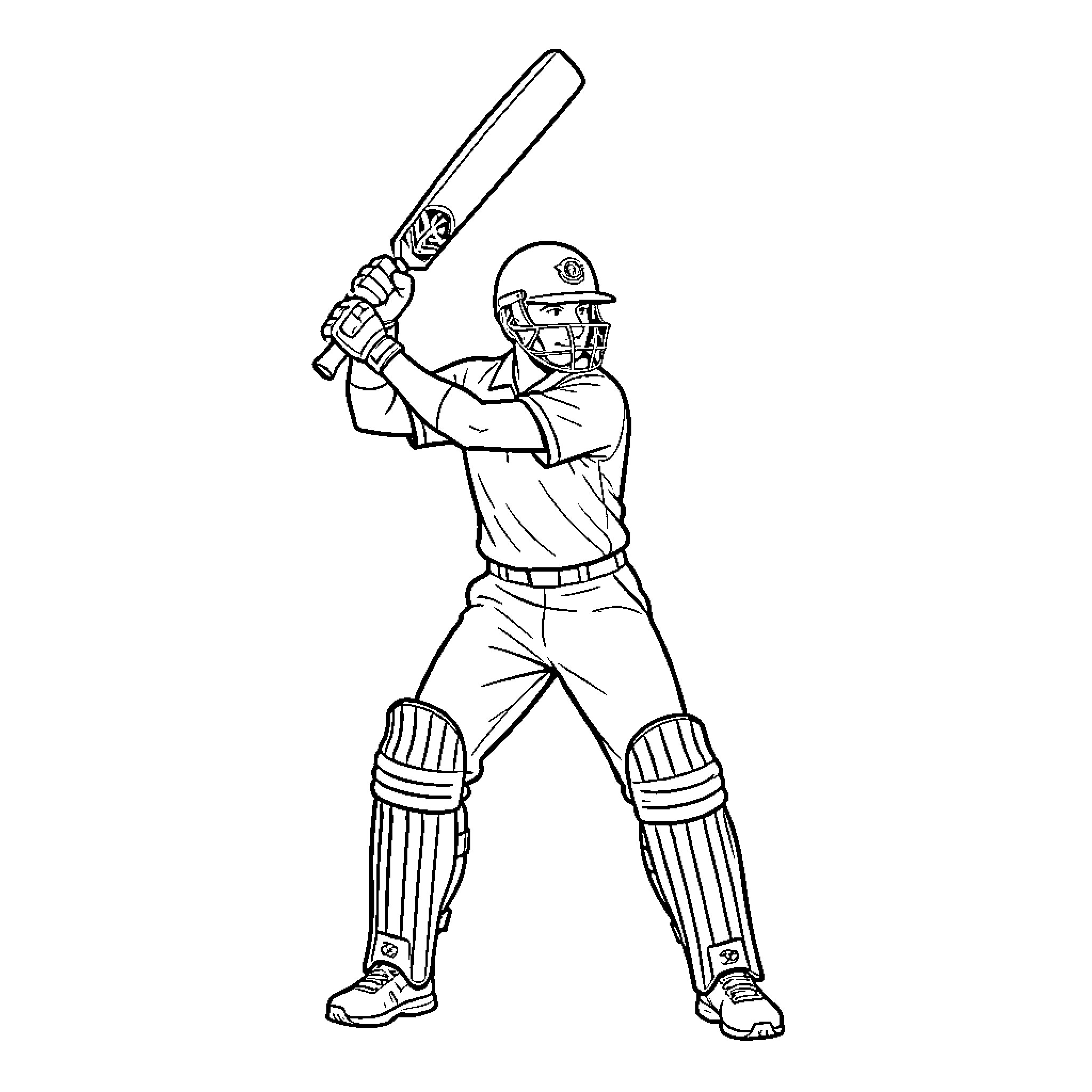 Batsman Preparing to Swing the Bat Coloring Page (free black-and-white line drawing printable PDF for all, from beginners to advanced learners, including children, teens, adults, and seniors)