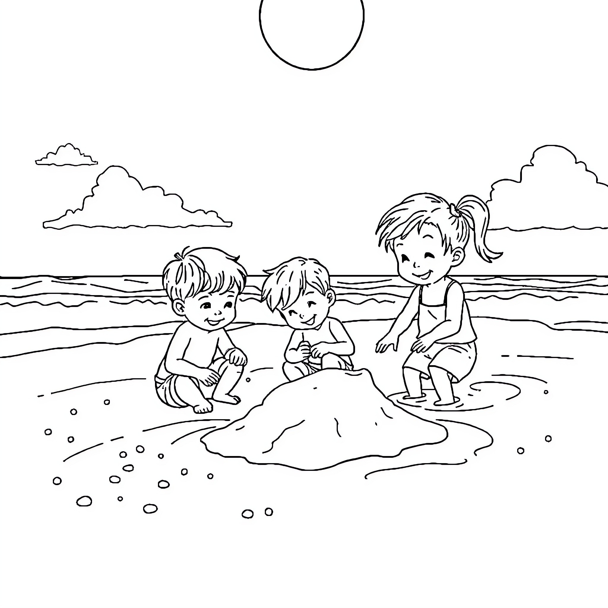 Kid playing happily at the beach Coloring Page (free black-and-white line drawing printable PDF for all, from beginners to advanced learners, including children, teens, adults, and seniors)