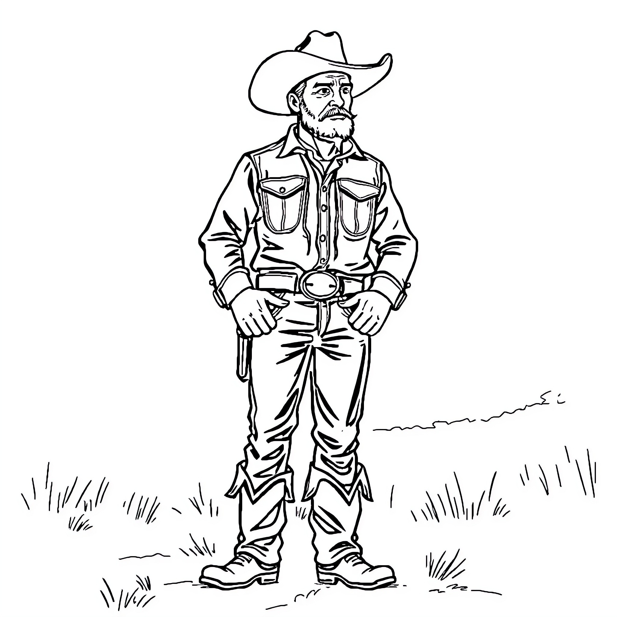 Tex, the Rugged Cowboy in the Grassy Field Coloring Page (free black-and-white line drawing printable PDF for all, from beginners to advanced learners, including children, teens, adults, and seniors)