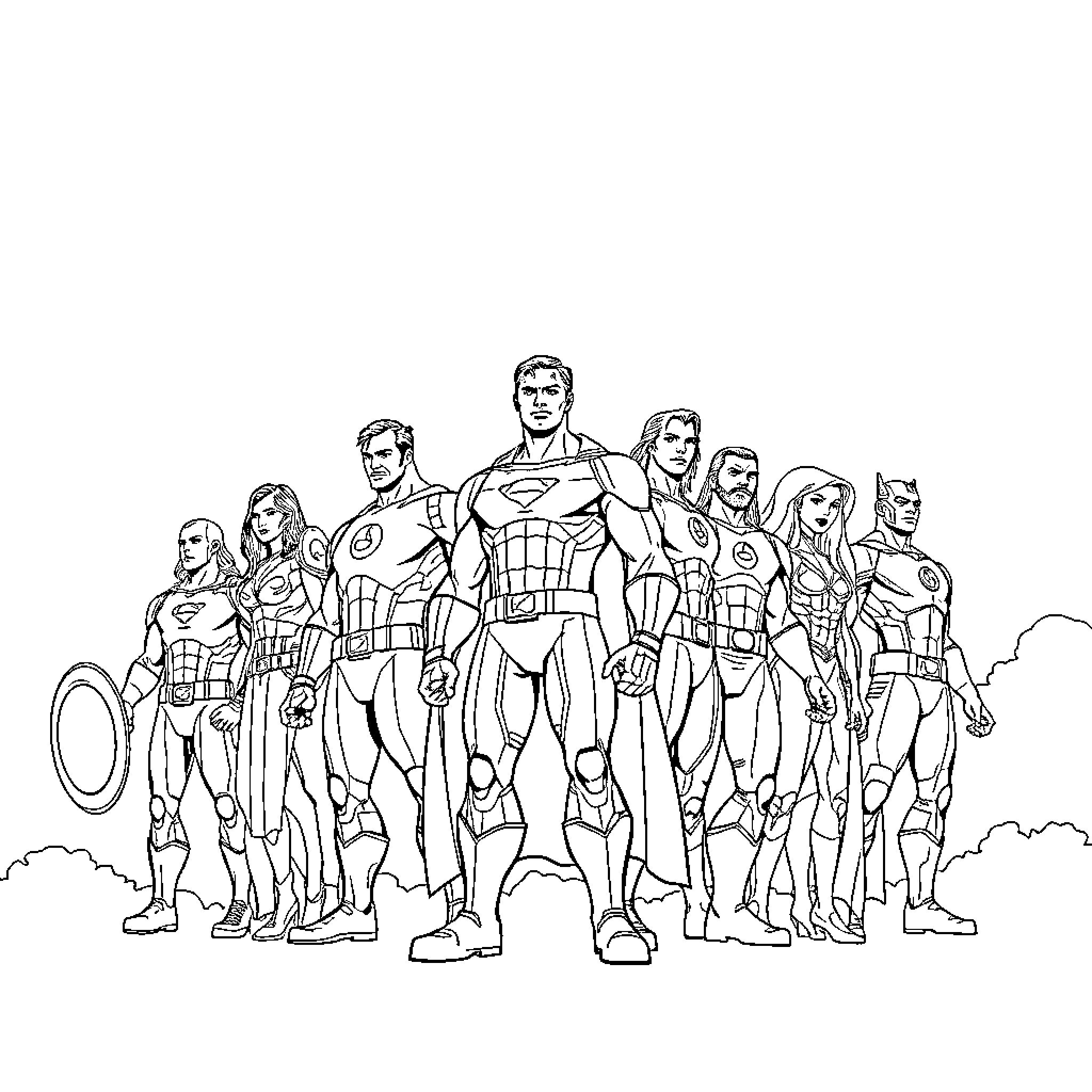 Avengers Assemble in Unity and Heroism Coloring Page (free black-and-white line drawing printable PDF for all, from beginners to advanced learners, including children, teens, adults, and seniors)