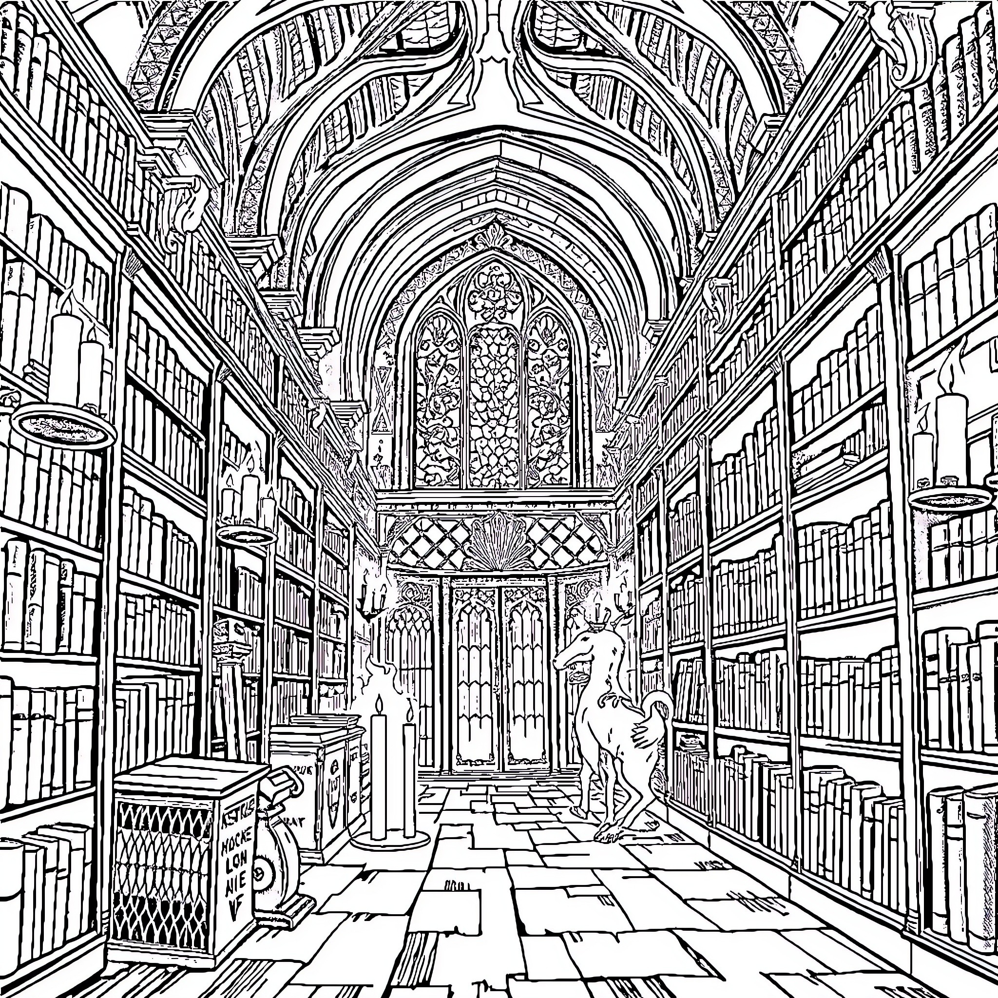 Library with Ornate Arched Entryway and Bookshelves Coloring Page (free black-and-white line drawing printable PDF for all, from beginners to advanced learners, including children, teens, adults, and seniors)