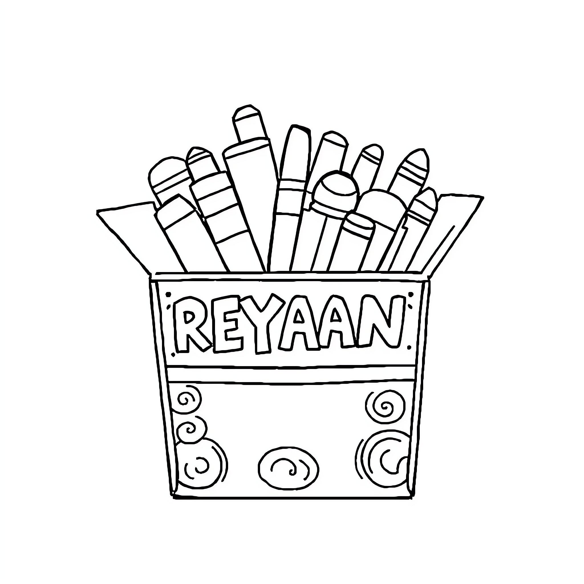 Box of colorful art supplies for Reyaan Coloring Page (free black-and-white line drawing printable PDF for all, from beginners to advanced learners, including children, teens, adults, and seniors)
