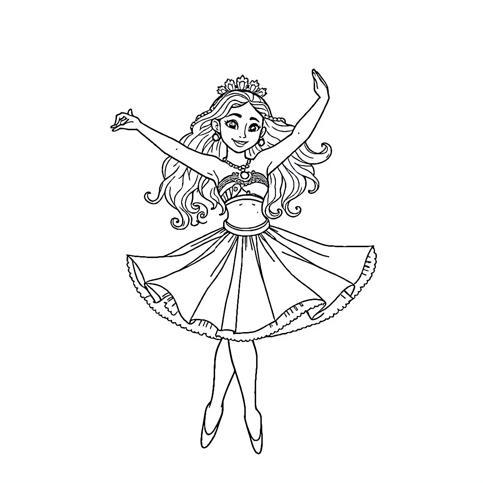 Moana joyfully dancing in her colorful costume Coloring Page (free black-and-white line drawing printable PDF for all, from beginners to advanced learners, including children, teens, adults, and seniors)