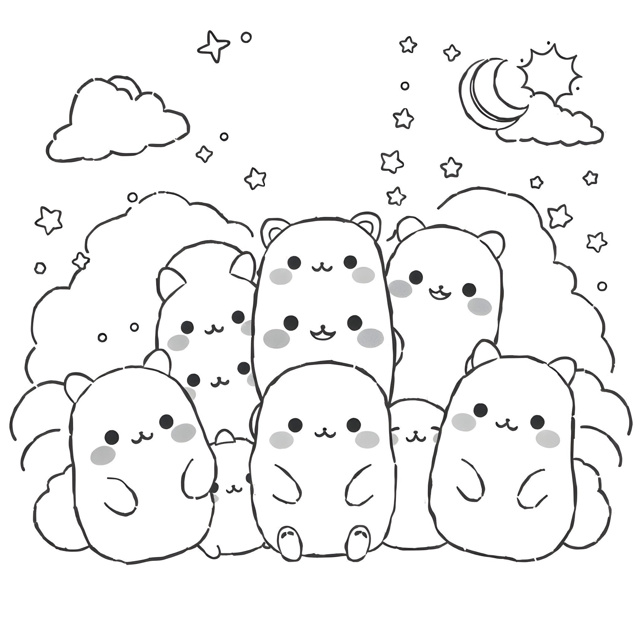 Squishmallow friends in the night sky Coloring Page (free black-and-white line drawing printable PDF for all, from beginners to advanced learners, including children, teens, adults, and seniors)