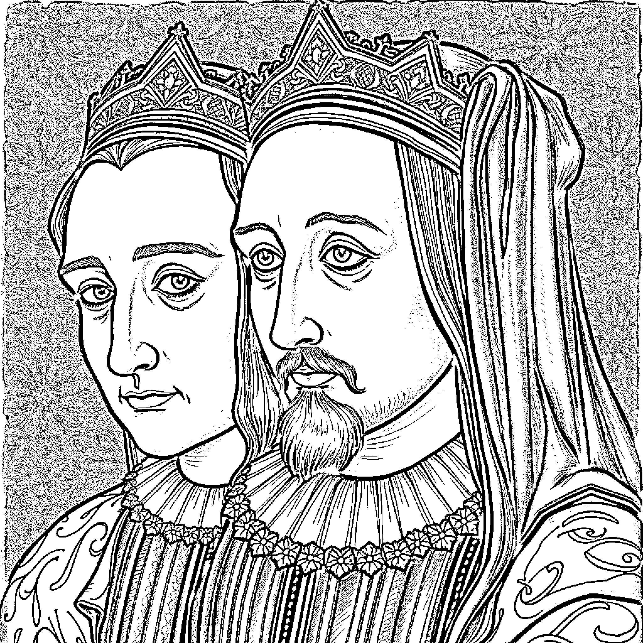 Portrait of a Regal Couple in Ornate Attire Coloring Page (free black-and-white line drawing printable PDF for all, from beginners to advanced learners, including children, teens, adults, and seniors)