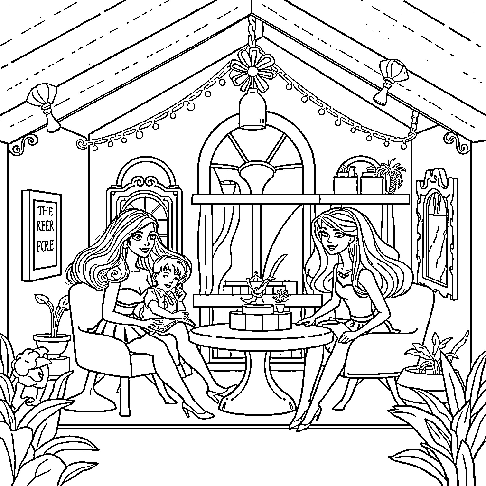 Barbie friends having a tea party Coloring Page (free black-and-white line drawing printable PDF for all, from beginners to advanced learners, including children, teens, adults, and seniors)