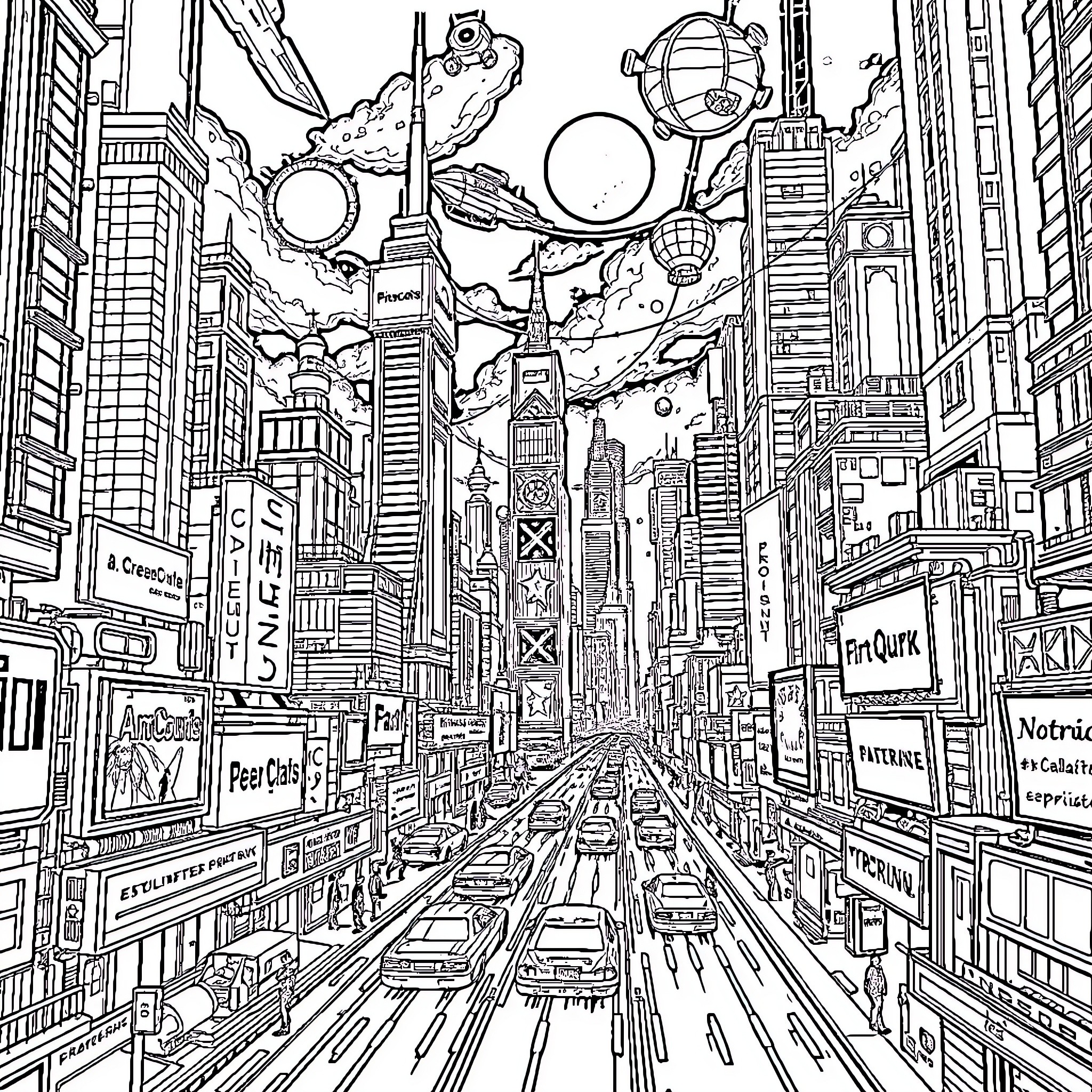 Cyberpunk City of Futuristic Skyscrapers and Advanced Tech Coloring Page (free black-and-white line drawing printable PDF for all, from beginners to advanced learners, including children, teens, adults, and seniors)