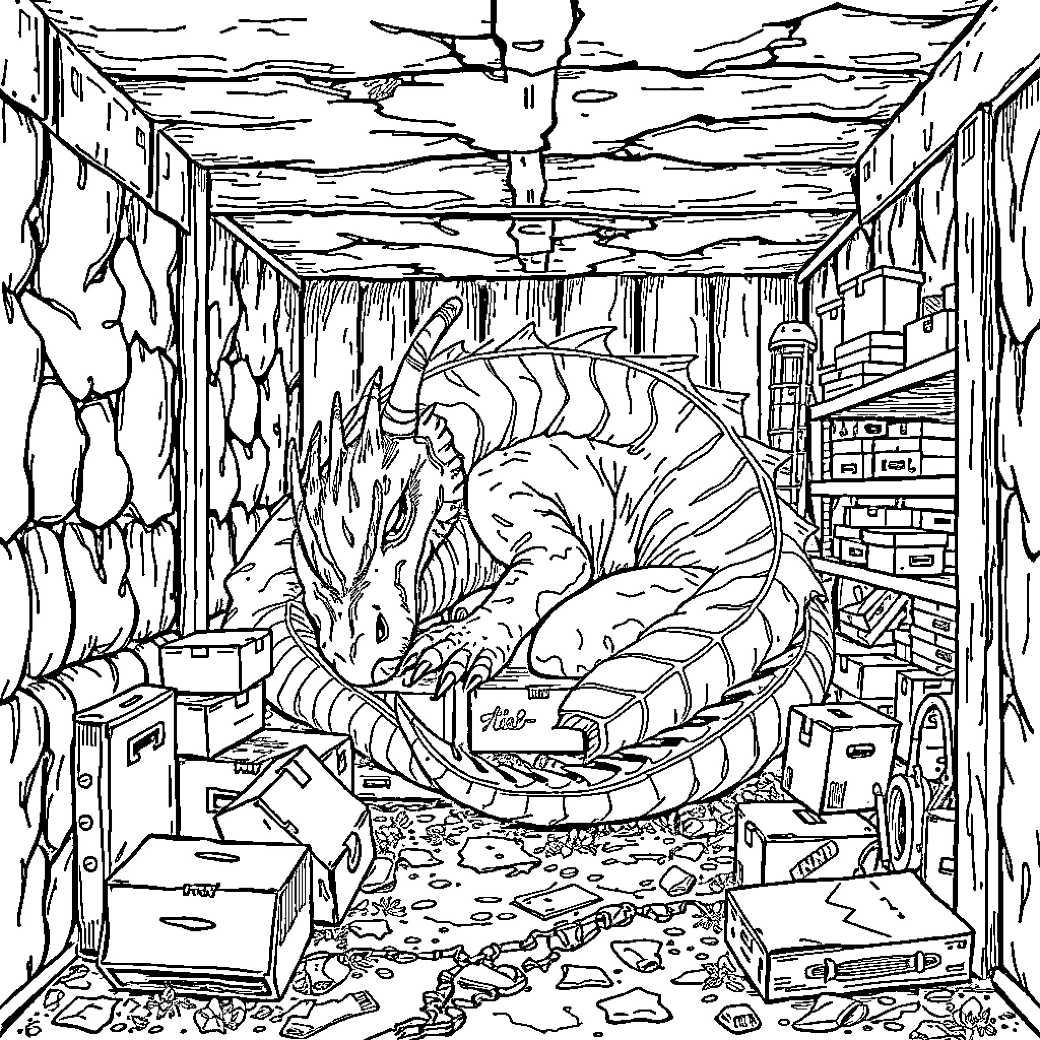 Dragon resting in a cluttered, underground lair Coloring Page (free black-and-white line drawing printable PDF for all, from beginners to advanced learners, including children, teens, adults, and seniors)
