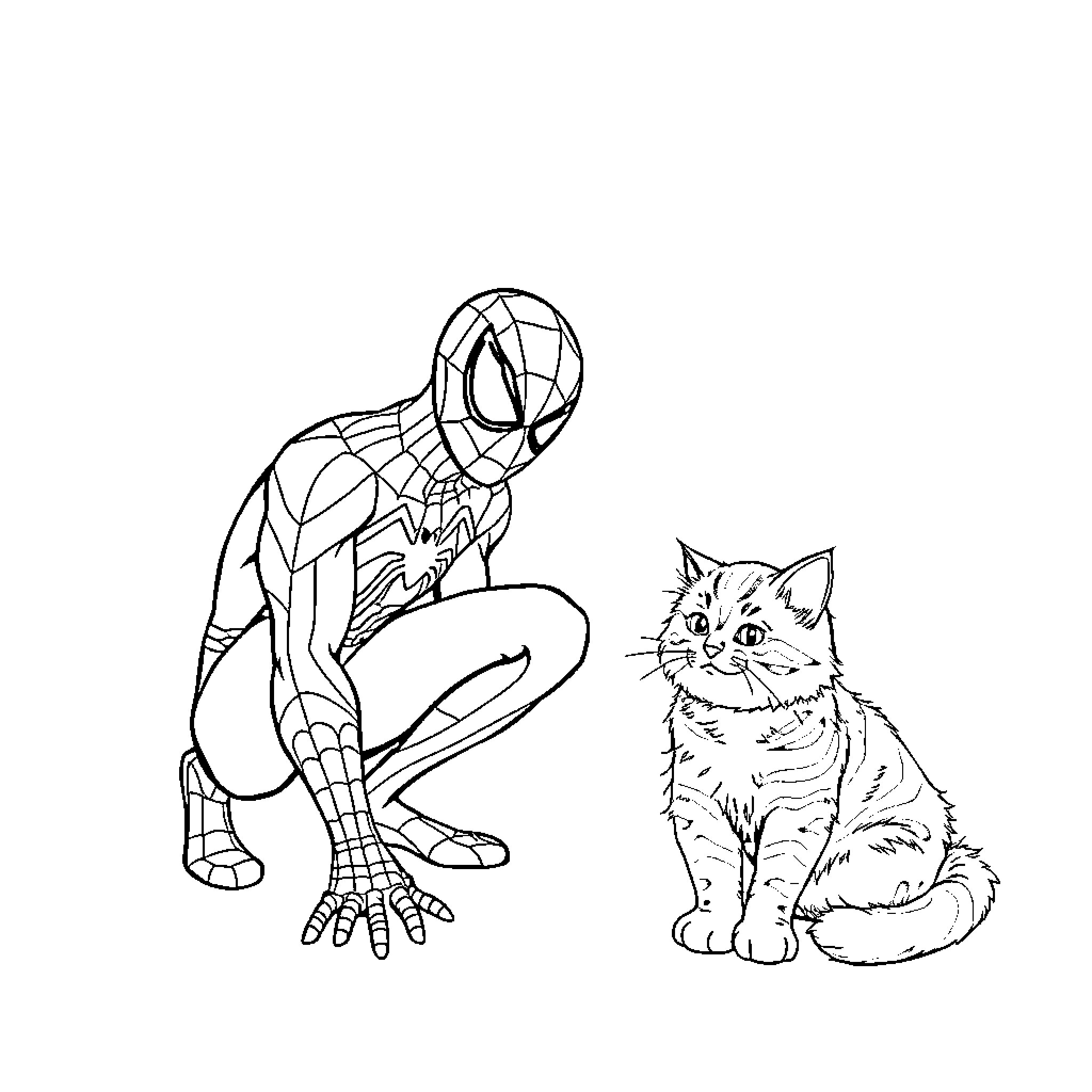 Spiderman interacting with a curious cat Coloring Page (free black-and-white line drawing printable PDF for all, from beginners to advanced learners, including children, teens, adults, and seniors)