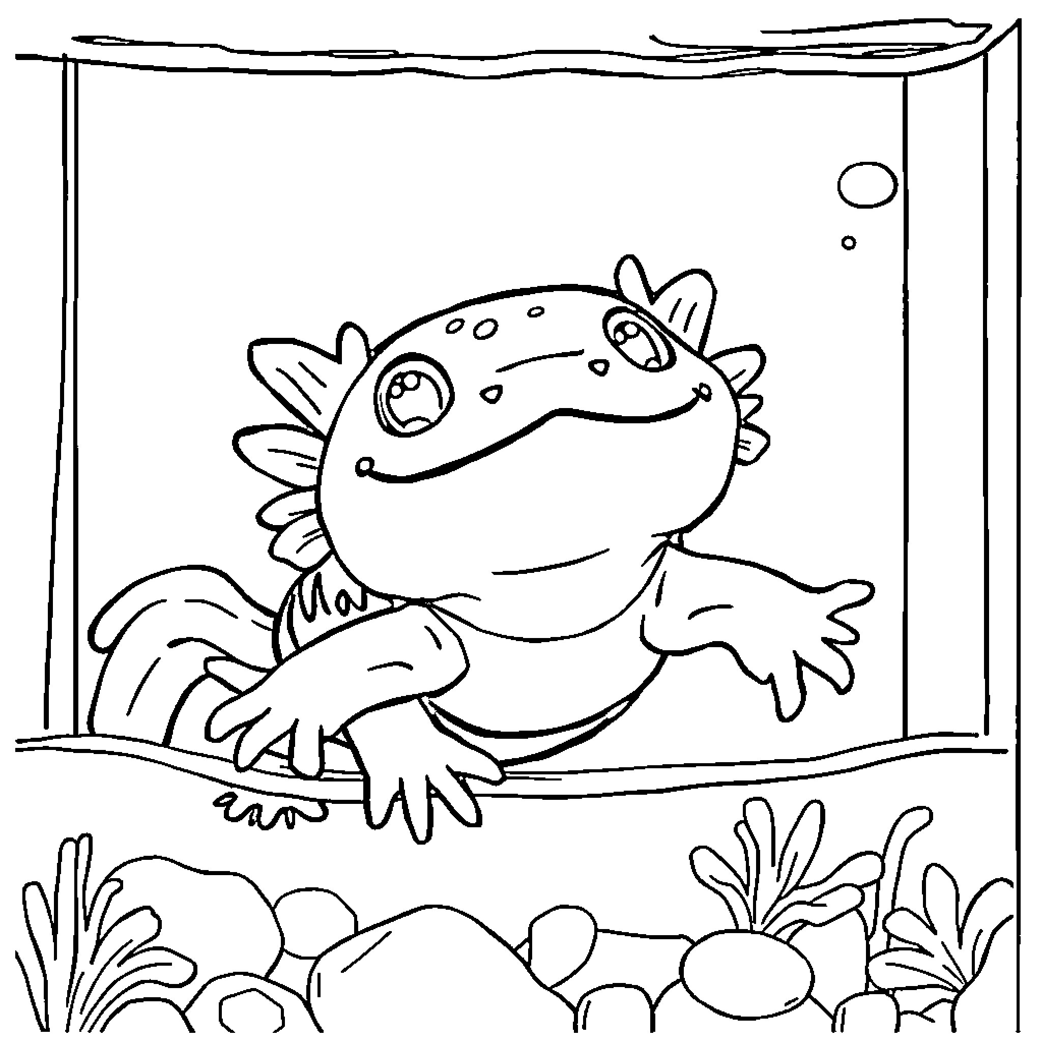 Axolotl exploring its aquatic habitat Coloring Page (free black-and-white line drawing printable PDF for all, from beginners to advanced learners, including children, teens, adults, and seniors)