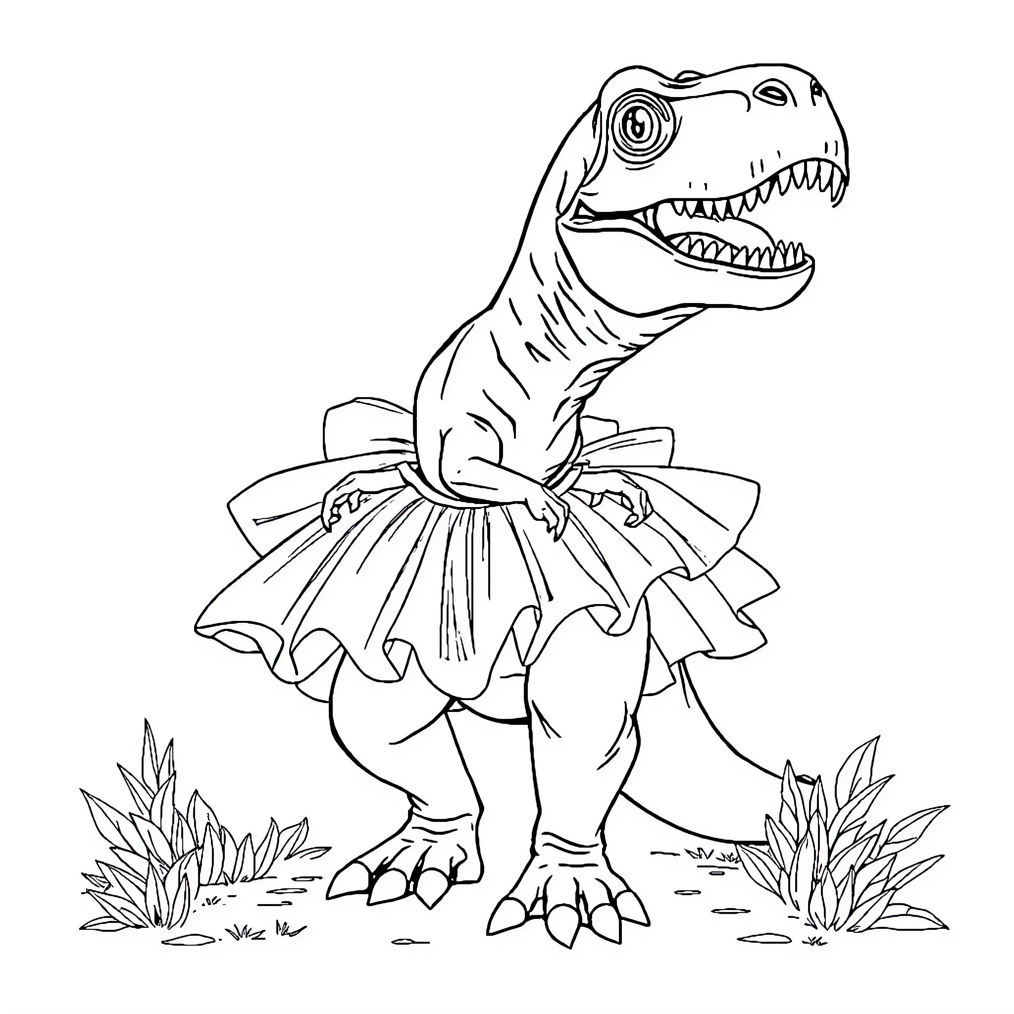 T-Rex dancing elegantly in a tutu Coloring Page (free black-and-white line drawing printable PDF for all, from beginners to advanced learners, including children, teens, adults, and seniors)