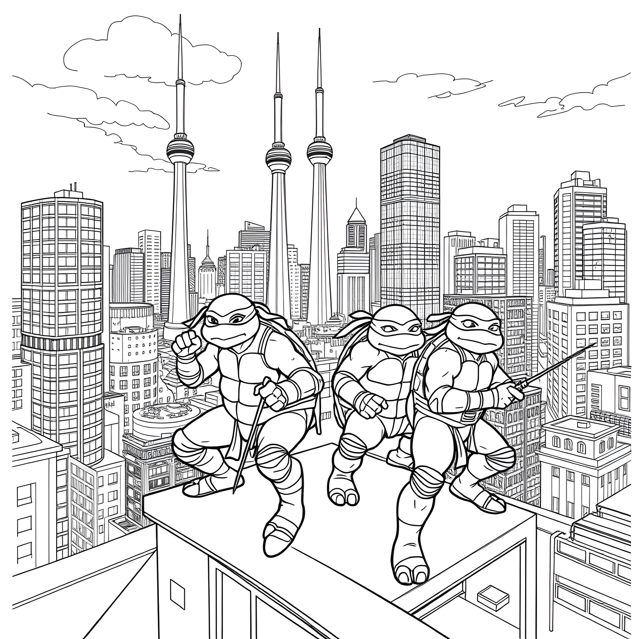 Ninja Turtle heroes on the rooftops of the city Coloring Page (free black-and-white line drawing printable PDF for all, from beginners to advanced learners, including children, teens, adults, and seniors)